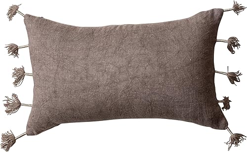 Miniatura 4 de Creative Co-Op Almohada lumbar de terciopelo de algodón con borlas metálicas y respaldo de lino, marrón y natural