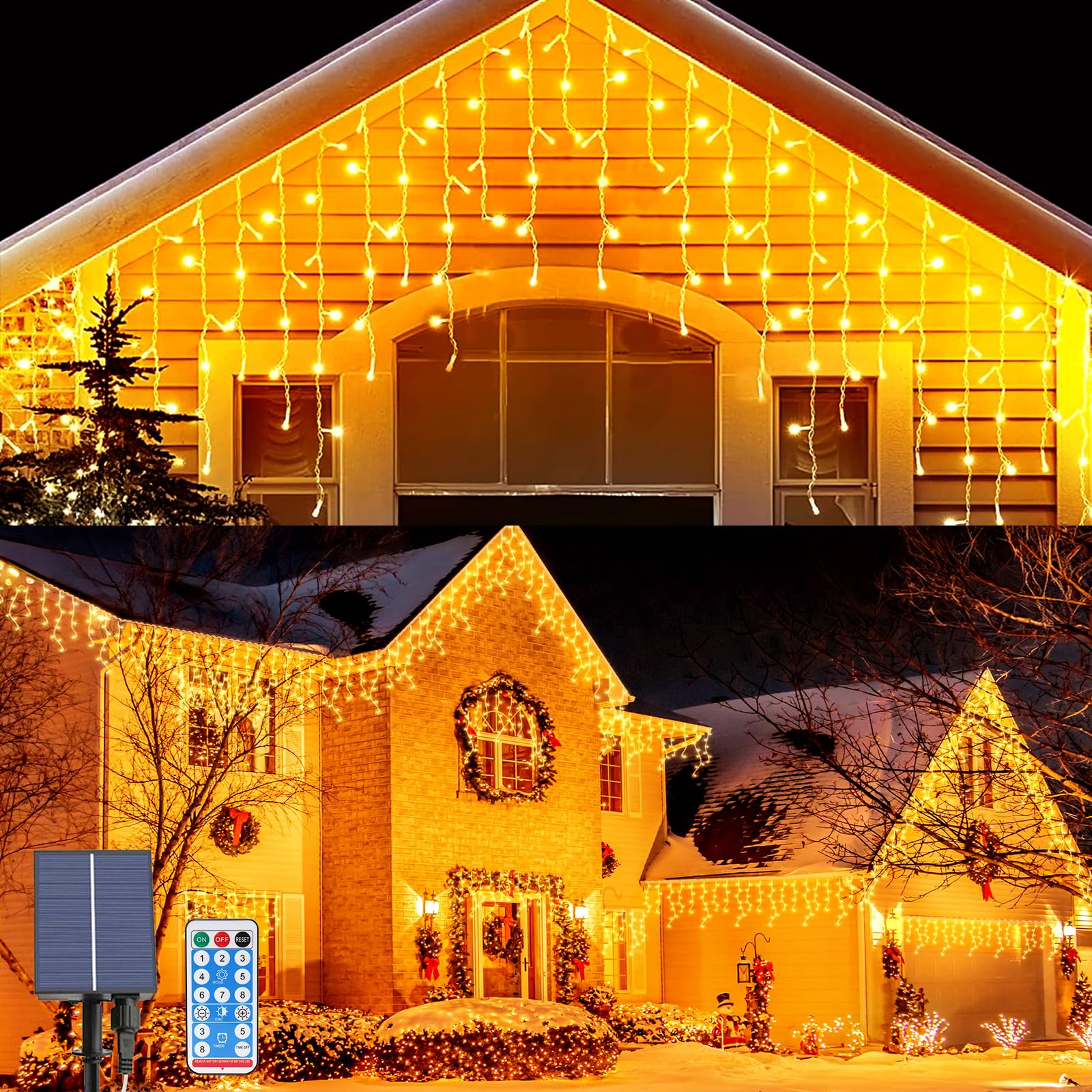OPAHUTER Solares Cortina Luces Exterior, 8 M 264 LEDs Luz de Carámbano con 8 Modos, Impermeable Cortina de Luces, Control Remoto, Guirnalda Luces de Cascada para Navidad Fiesta Balcón Boda