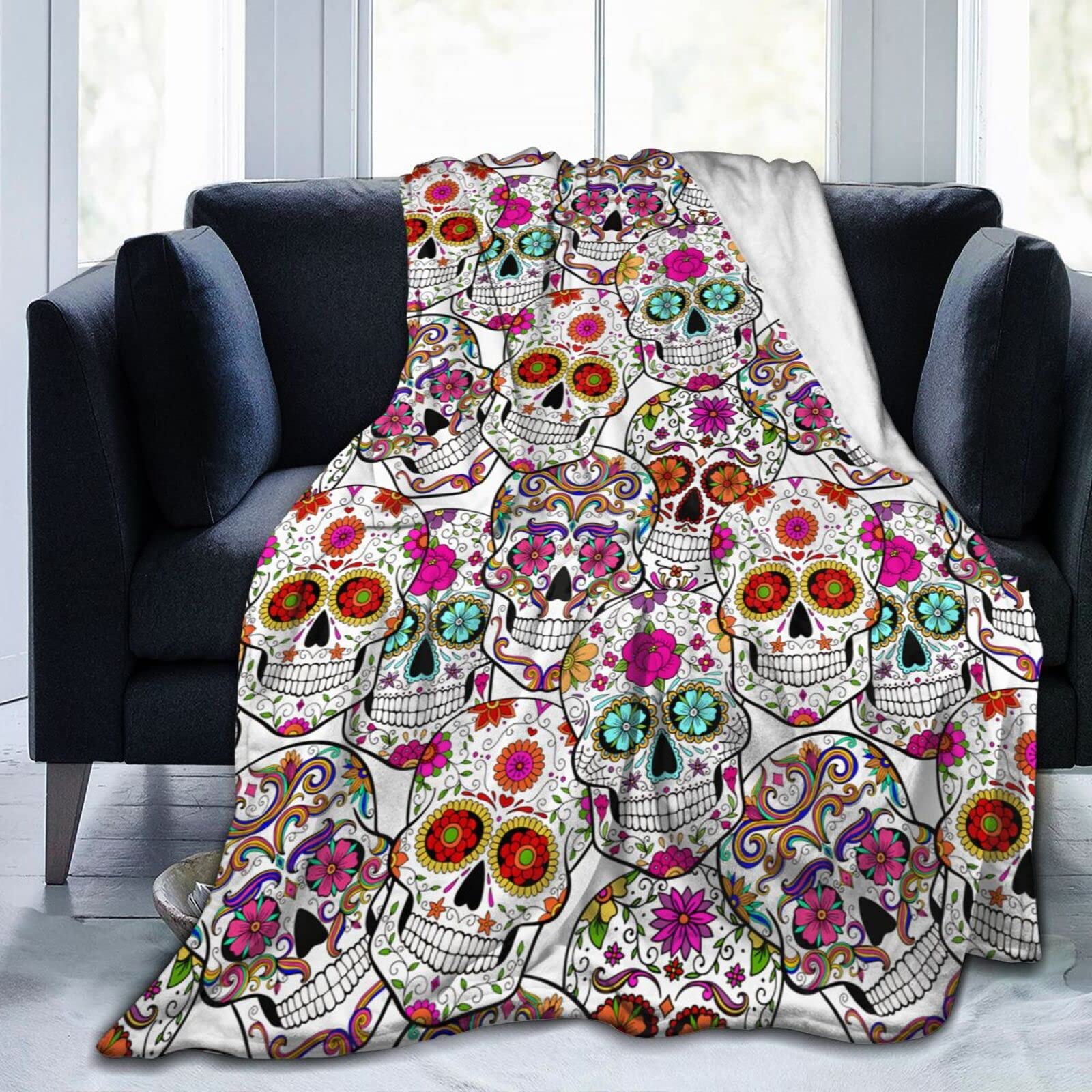Lsjuee Flower Sugar Skull Blanket Halloween Throw Blankets Home Decor Funny Skeleton for Women Men Cozy Flannel Bed Blanket 80"X60"