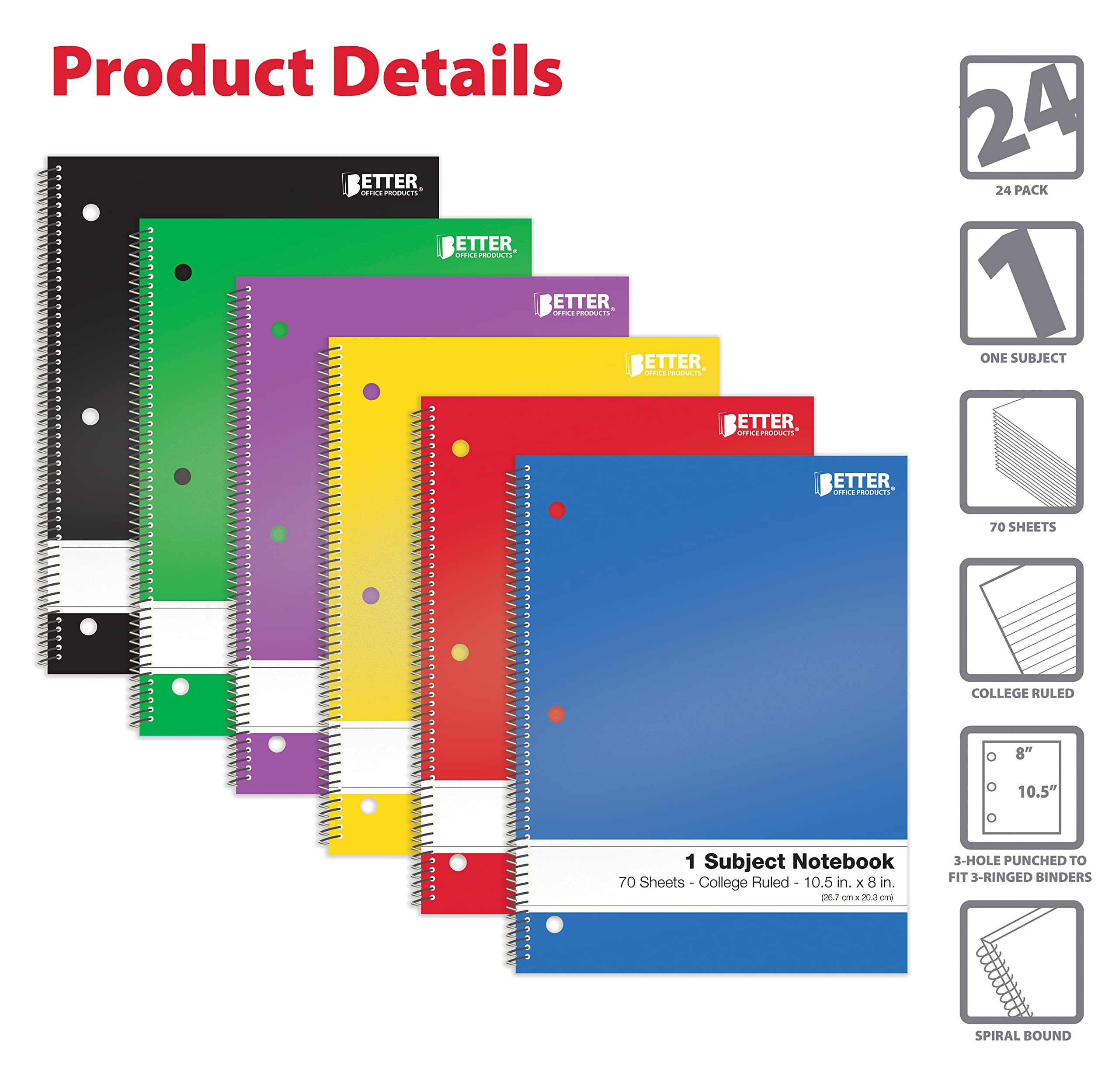 Cuadernos en espiral, 1 materia, paquete de 24, regla universitaria, 70 hojas, 8 x 10.5 pulgadas, por Better Office Products, 6 colores primarios surtidos, 24 unidades