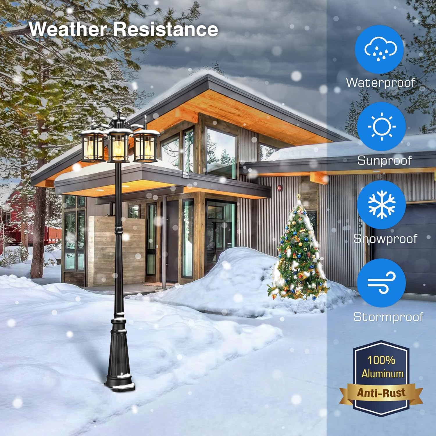 VIANIS Outdoor Lamp Post Light - Triple-Head, Dusk to Dawn Waterproof Street Light - Black Pole for Outside, Anti-Rust Aluminum - LED Lantern for Backyard, Driveway, Garden, Patio Décor.
