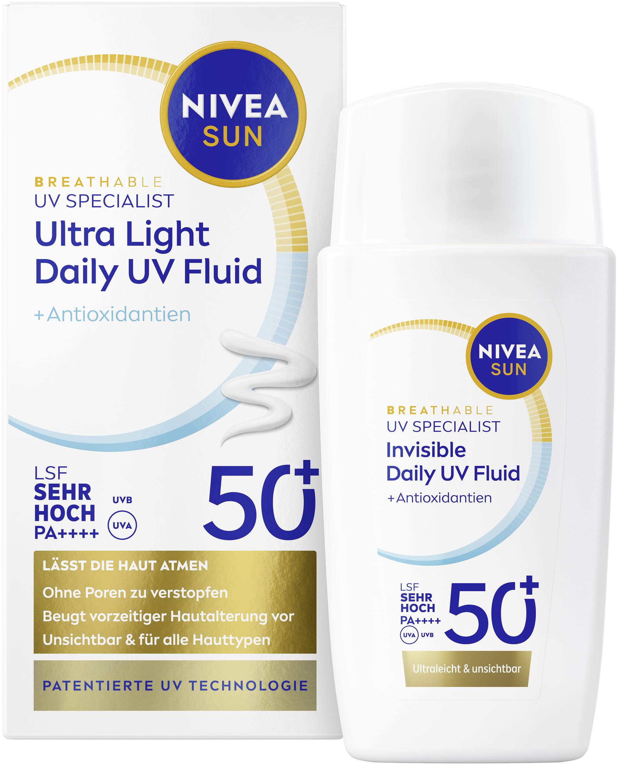 NIVEA SUN Sonnenschutz Fluid LSF 50+, nicht fettende Sonnencreme mit Antioxidantien, ultraleichtes Fluid mit unsichtbarem Finish, UV Gesicht Experte Invisible Daily UV-Fluid LSF 50+ (40ml)