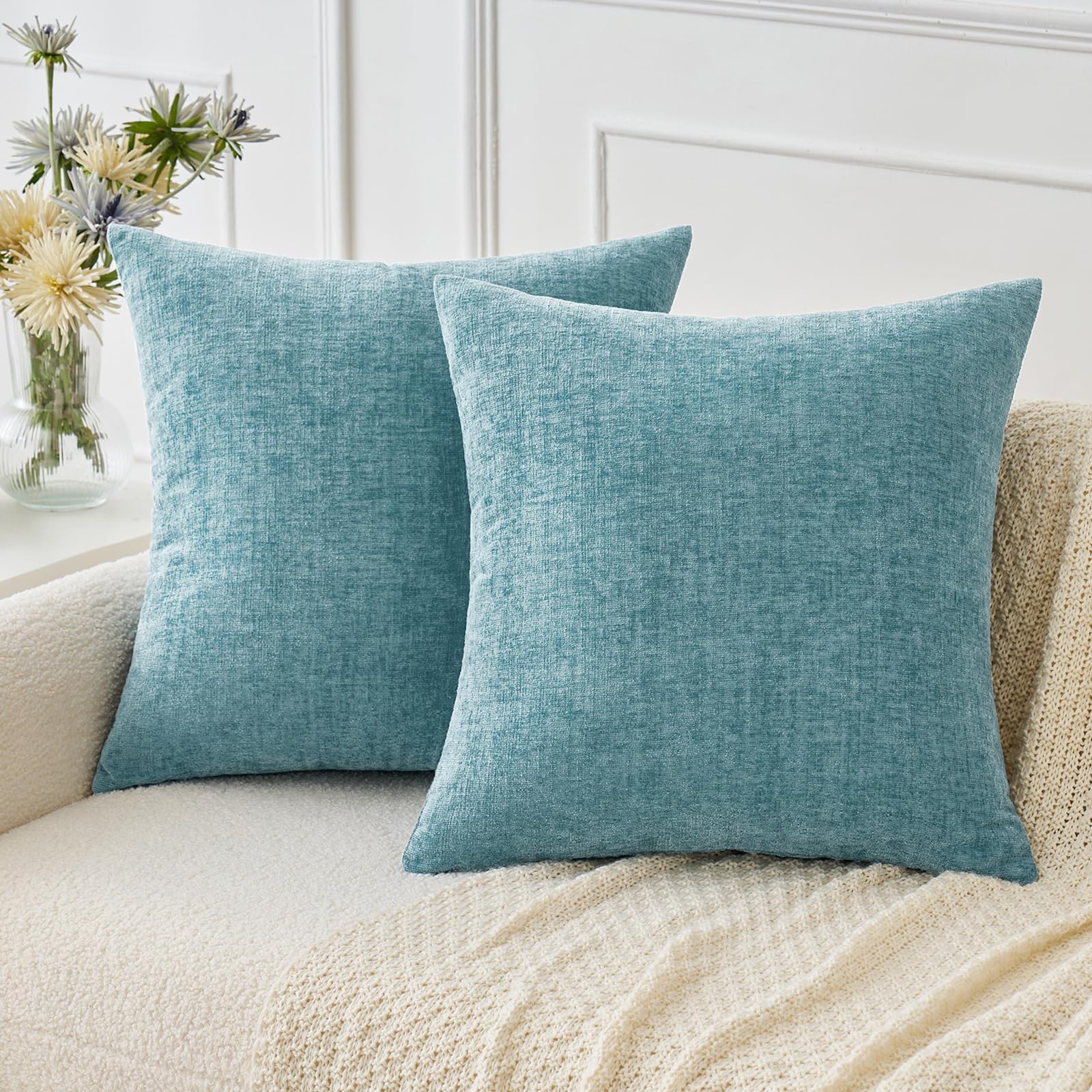 MIULEE Set of 2 Decorative Cushion Covers Soft Chenille Cushion Covers for Living Room Sofa Plain Cushion Covers 40x40 CM Blue Grey