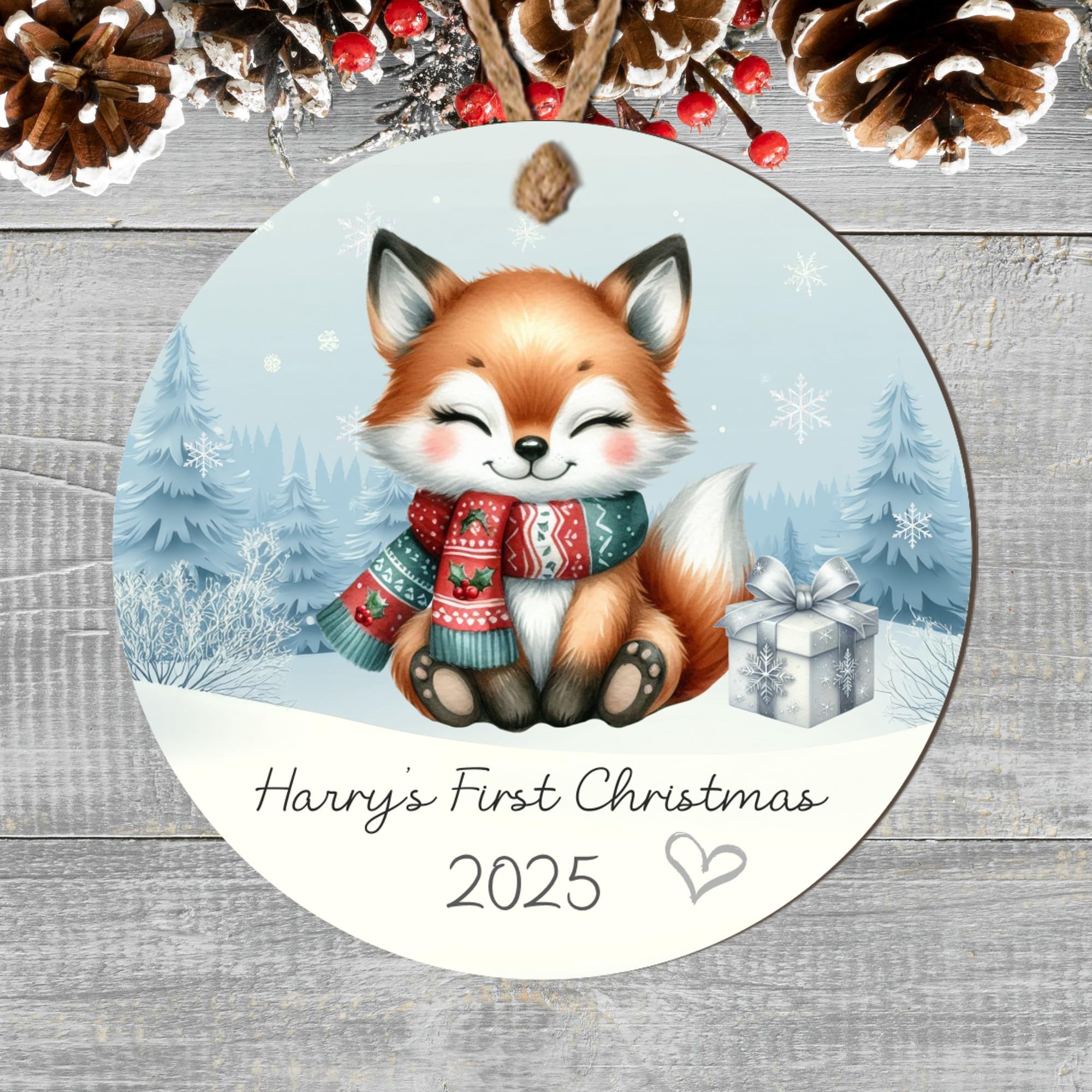 Whimsical Personalised Baby's First Christmas Animal Hanging Bauble Cute 1st Christmas Keepsake Tree Decoration Gift (Fox, MDF Wood - Indoor Use Only)