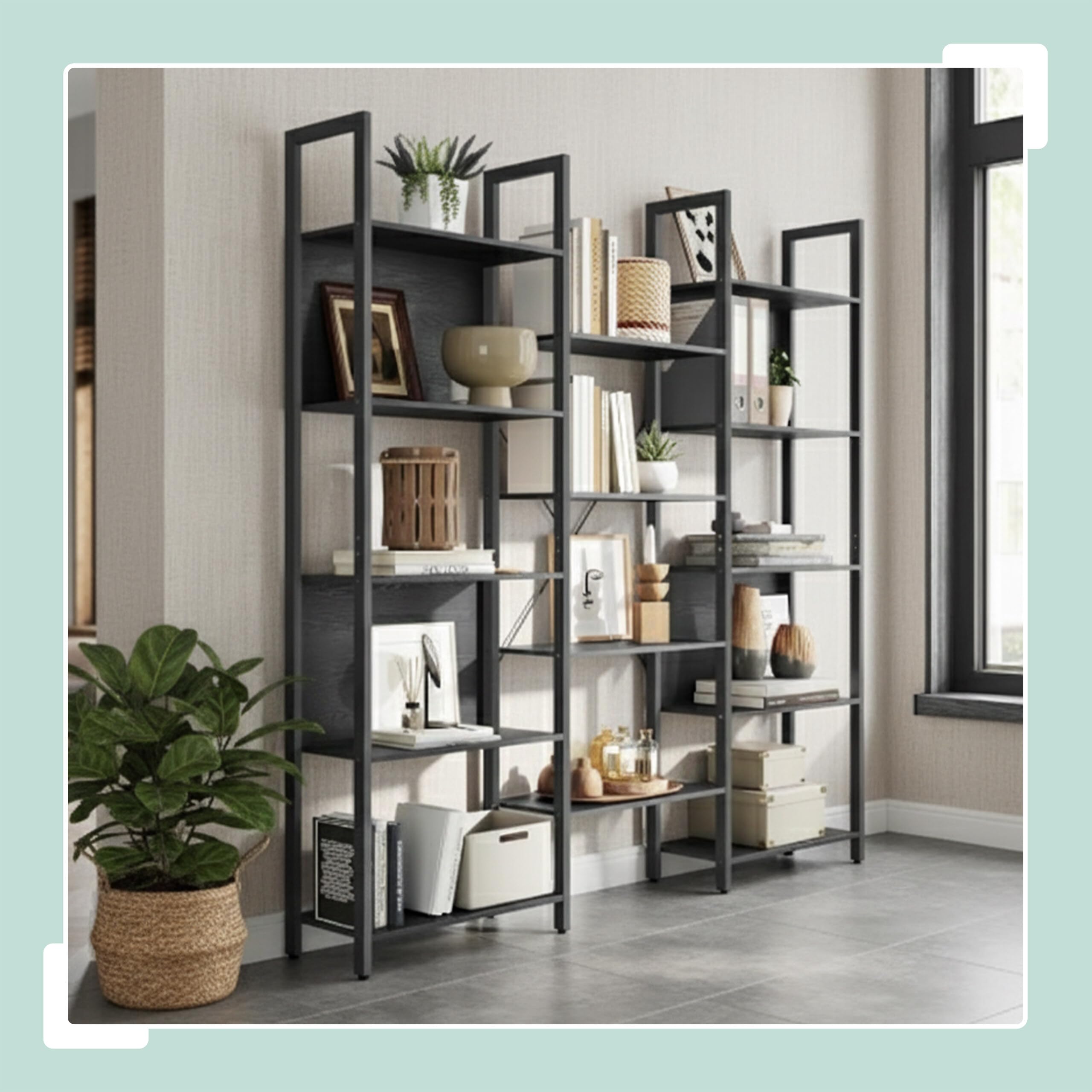 Relaxdays Industrialny regał na książki, 14 półek, wygląd drewna i metal, regał stojący do salonu, biura, wys. x szer. x gł.: 166 x 158 x 24 cm, czarny
