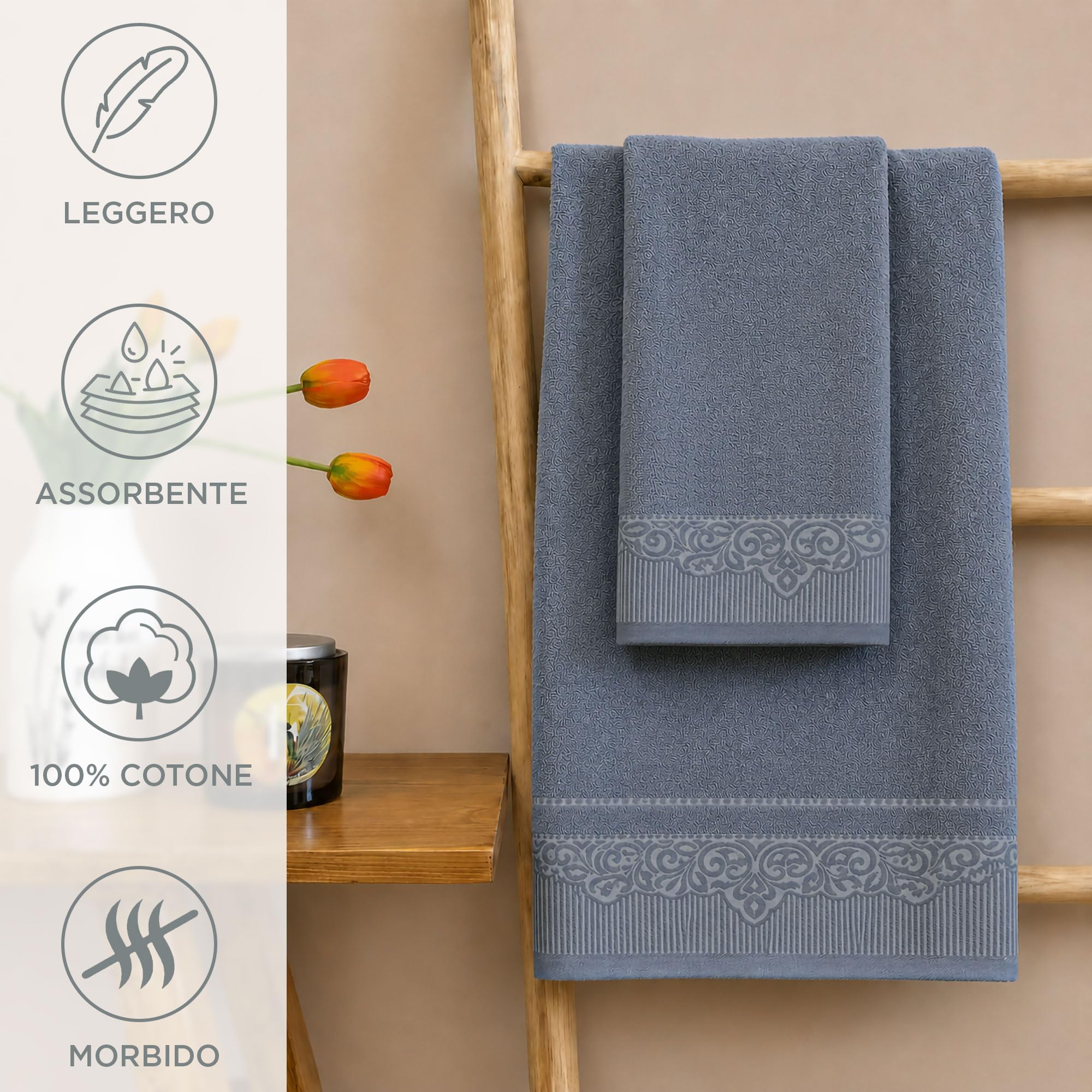Asciugamani Bagno Viso e Bidet in Puro Cotone Set 12pz 6+6 Ricamati in Morbida Spugna 400 gr Viso 55x100 cm e ospite 40x60 cm