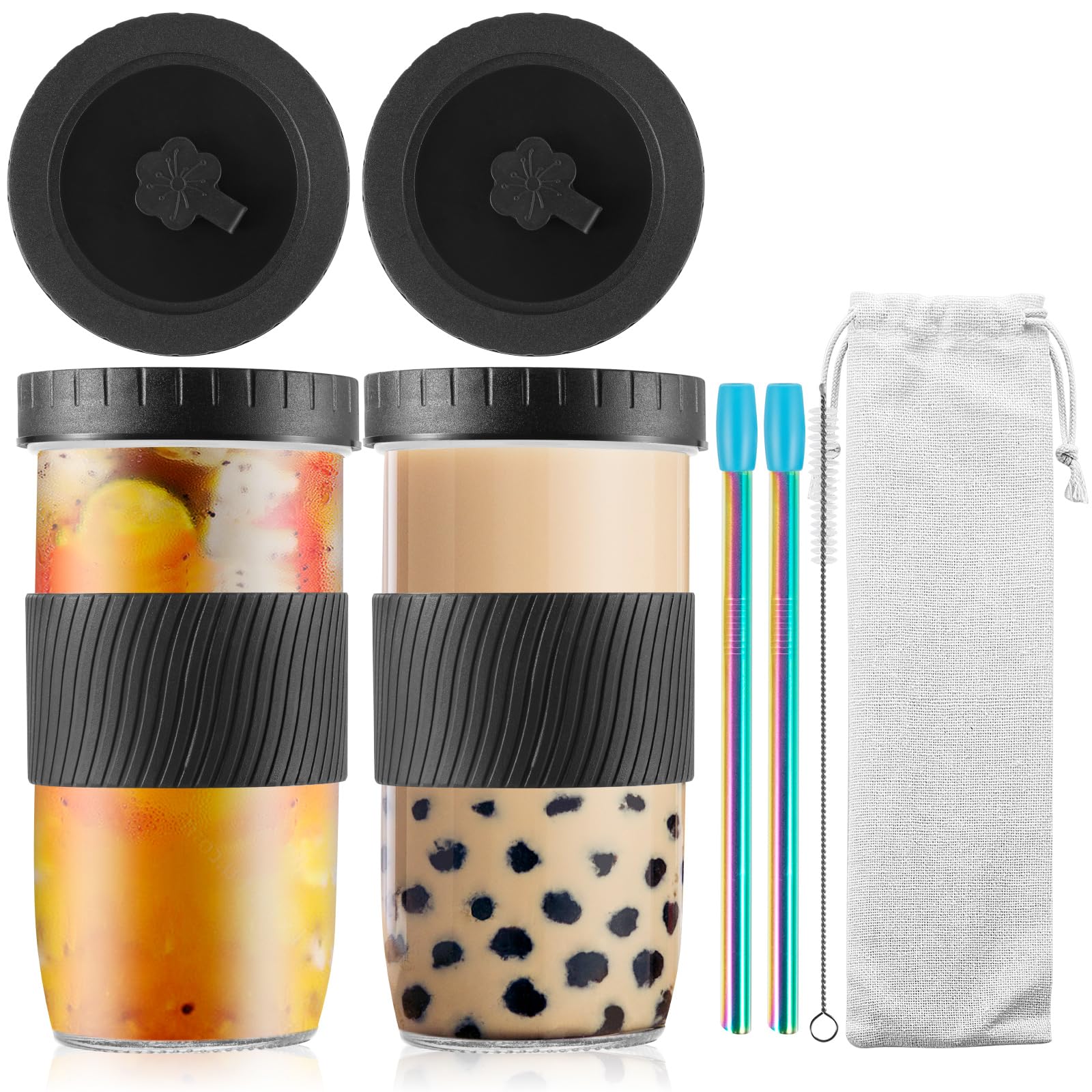 Bubble Tea Cup, Confezione da 2 tazze per frullati, tazza da caffè freddo da 730 ml, tazze in vetro con coperchi e cannucce, bicchiere in vetro riutilizzabile con custodia in silicone