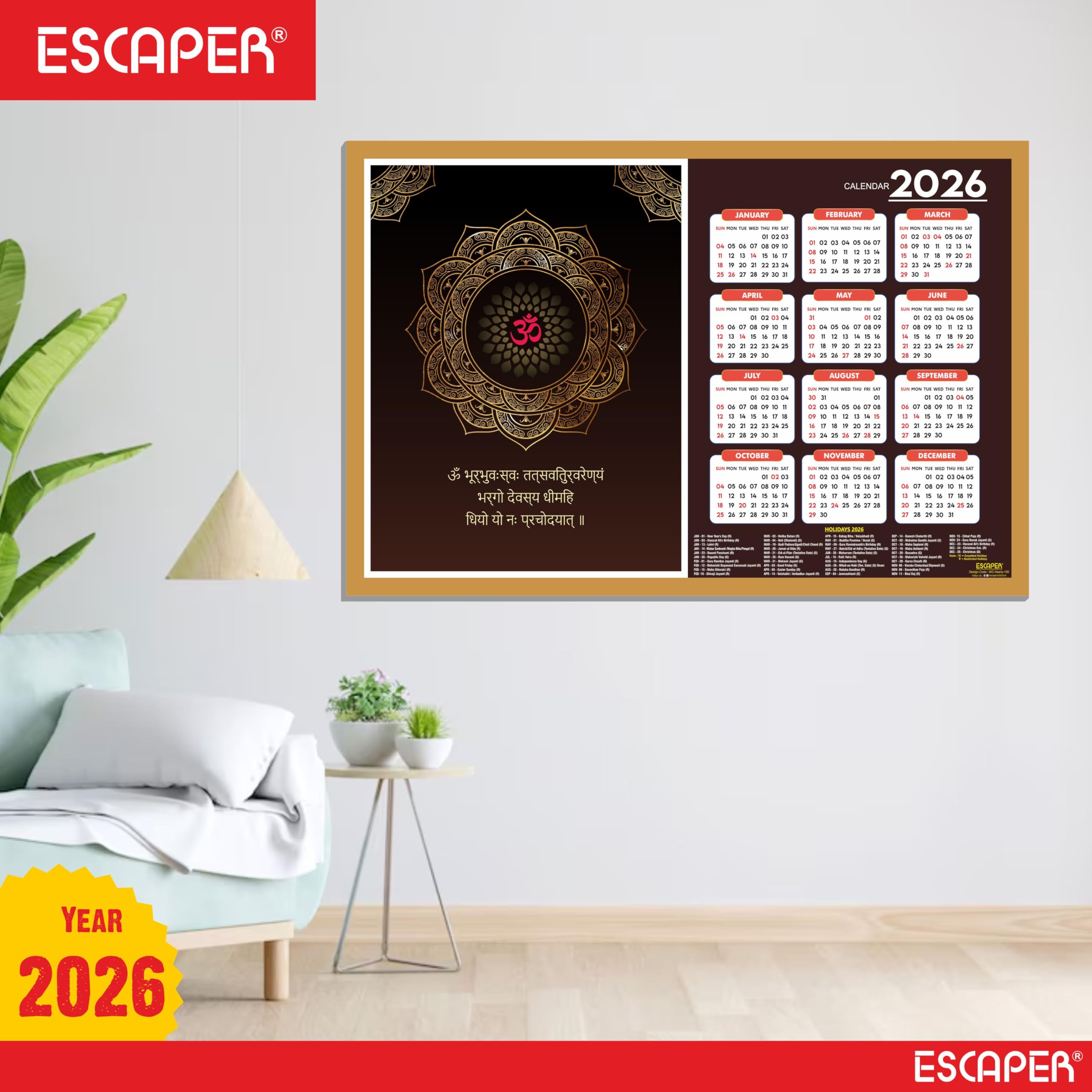 ESCAPER Gayatri Mantra Wandkalender 2026 - 30,5 x 45,7 cm, Meditations- & Yoga-Wandkalender, Yogasana- & Asana-Diagramme, Chakra-Posen, ideal für Yoga-Kurse & Fitnesscenter