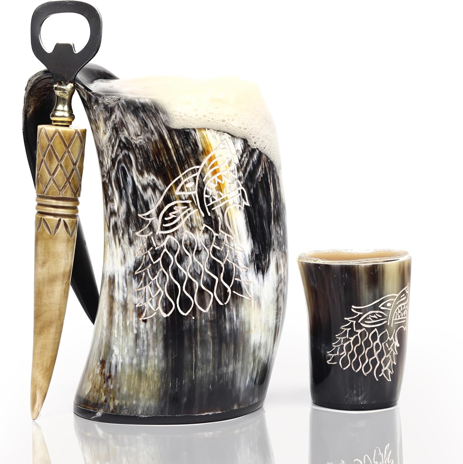 Viking Drinking Horn Mug Set with Cool Shot Glass & Opener for Beer, Whiskey, ale. Ox Horn Cup, Coffee Stein 16-20 oz for Men & Women- Ideal for Christmas, Birthday, Occasions and Home Decor. (Wolf)