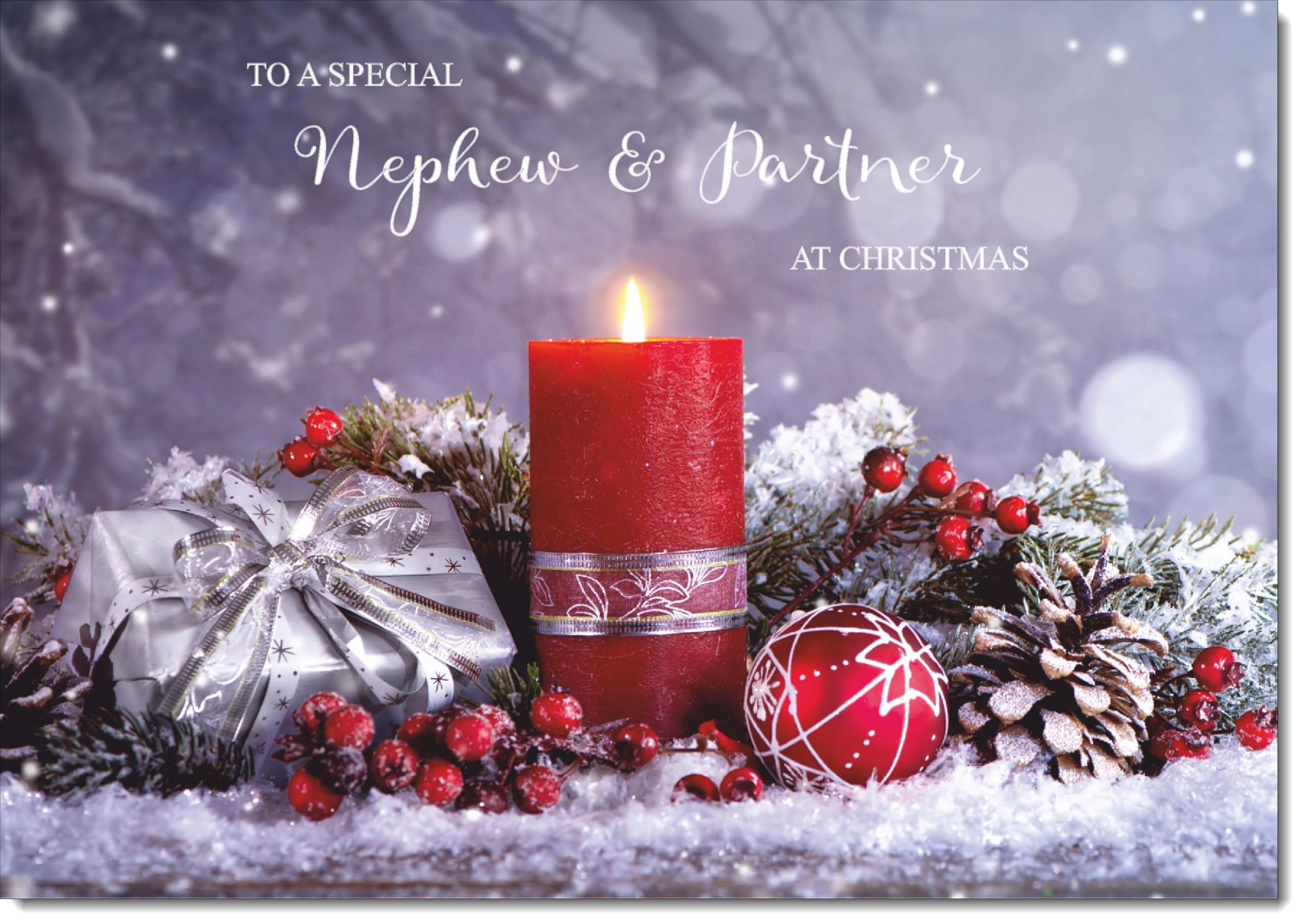 doodlecards Nephew and Partner Christmas Card Festive Red Candle Large A4 Size Christmas Card for Nephew & Partner with Plain Envelope