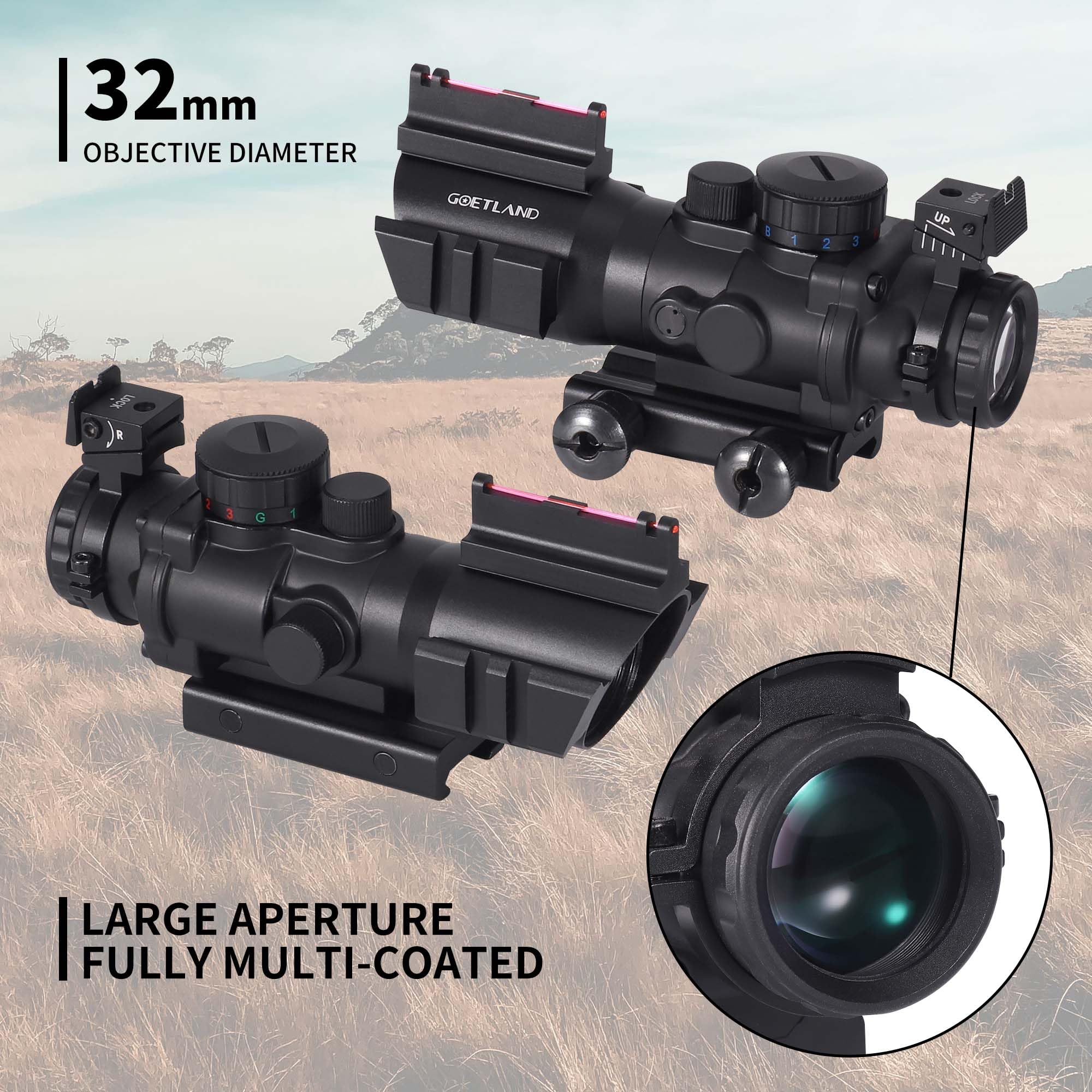 Goetland Lunettes de Visée à Prisme 4x32 Visée Sight Reflex Optic BDC SFP avec Mounture de 20 mm pour Tactique Chasse Airsoft Arbalète Carbine Tir Sportif