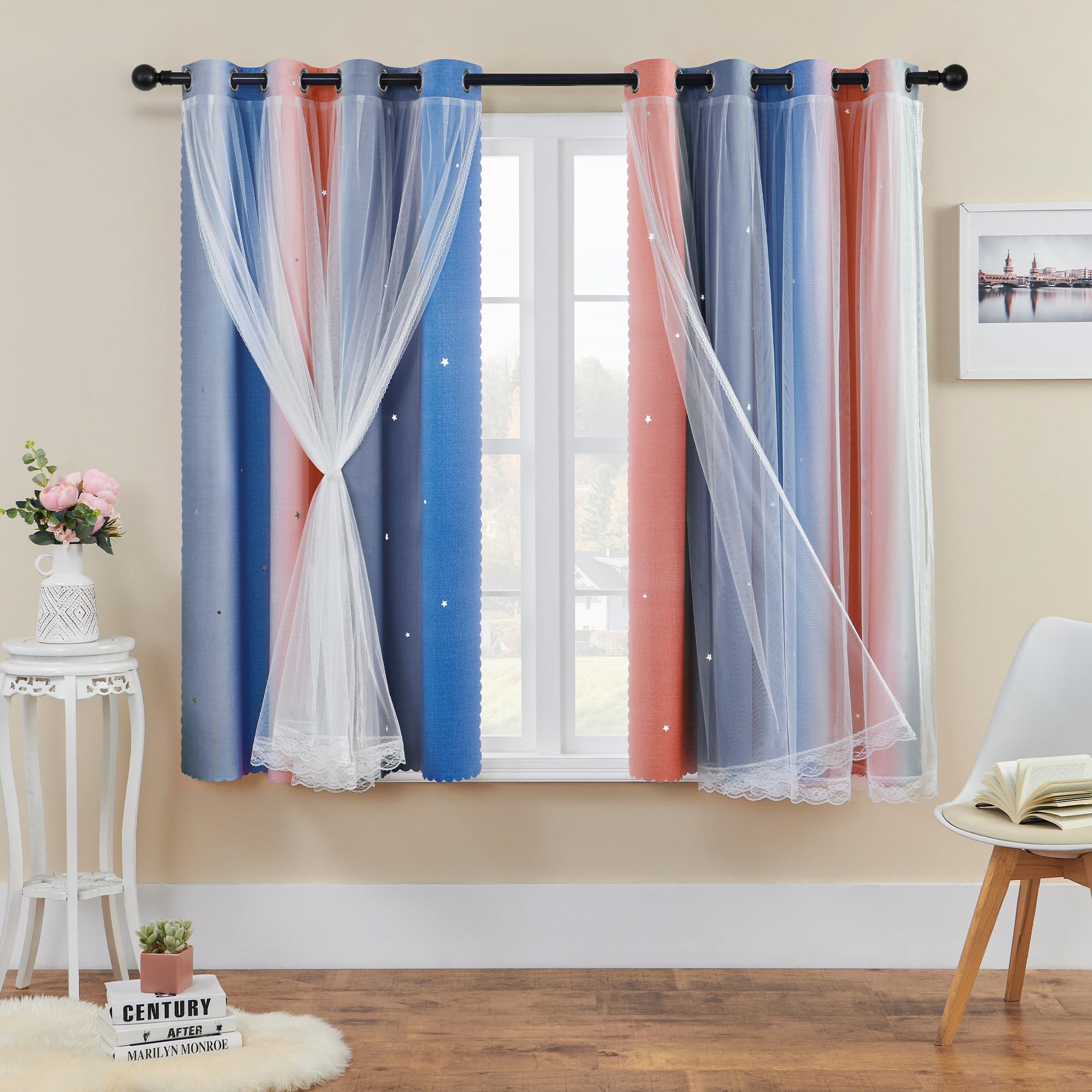 XiDi Curtains for Bedroom Decor, Rainbow PinkGreyBlue-52-45