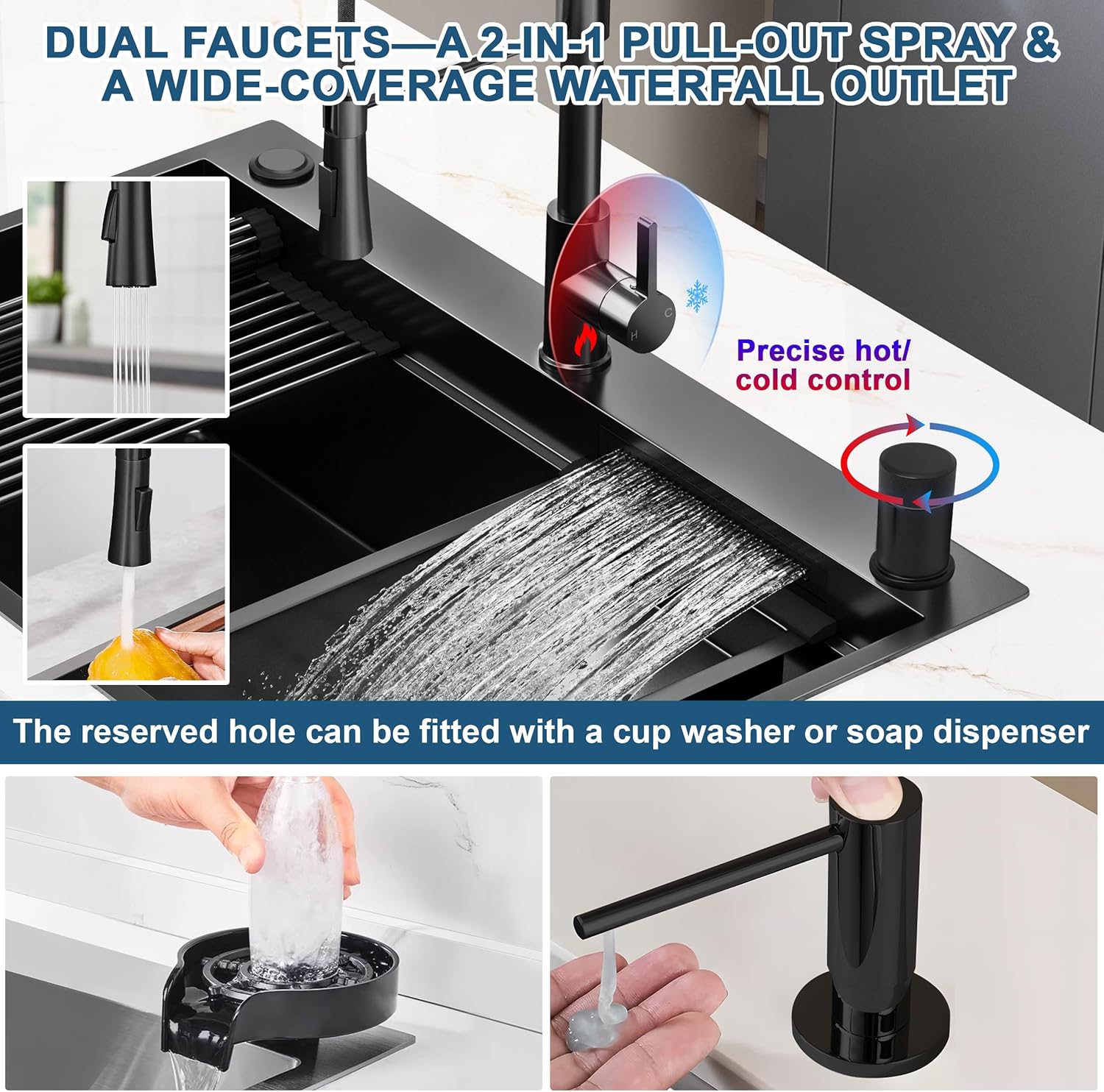33 Inch Gunmetal Black Waterfall Kitchen Sink with Pull Out Faucet Combo, CELAENO Smart Black Drop-in Kitchen Sink, Single Bowl Modern Waterfall Stainless Steel Workstation with Various Accessories