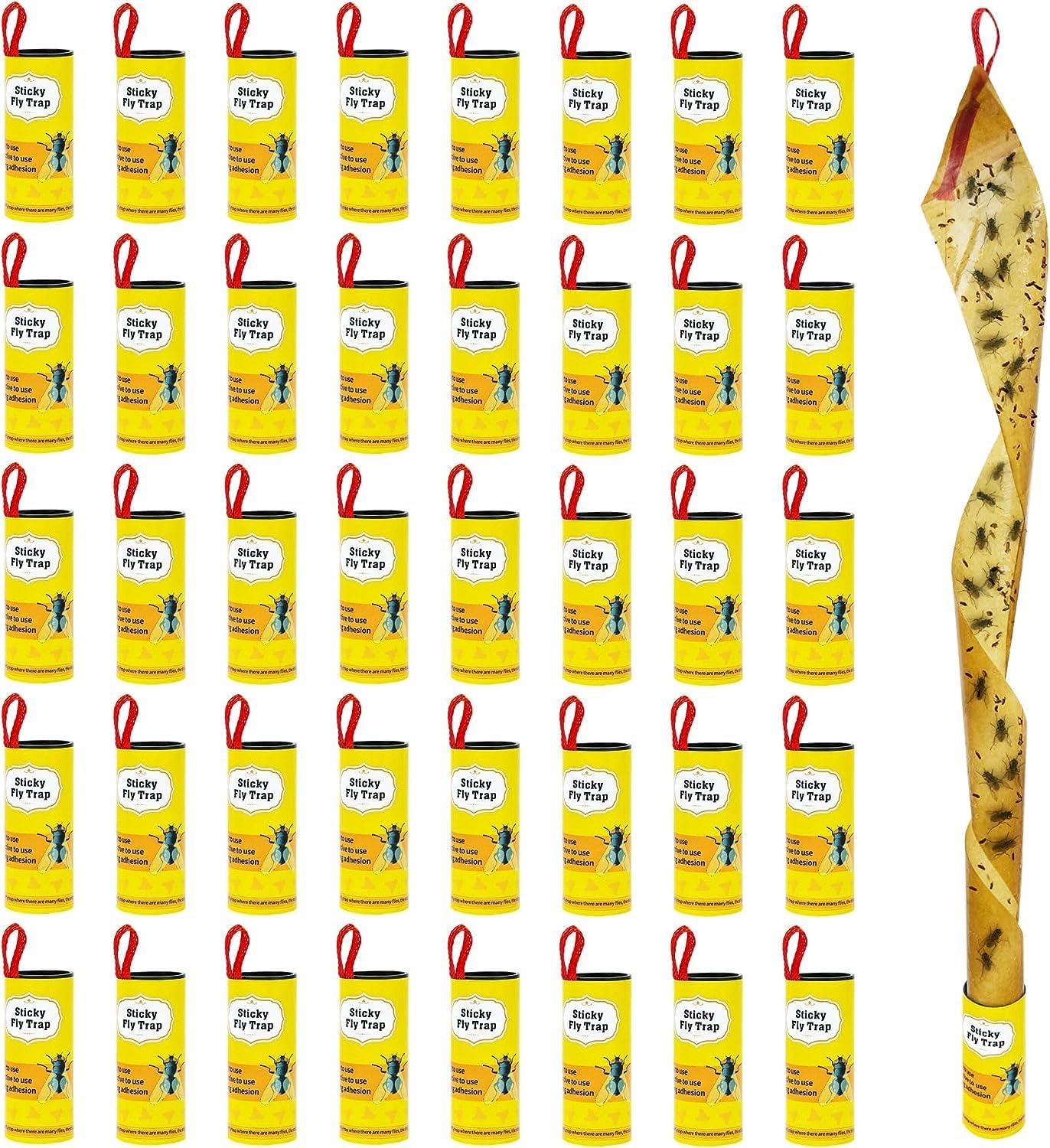 Dwcom 40 Packs Fly Strips, Fly Traps Indoor/Outdoor for Home Hanging, Fly Ribbon Tape Paper, Sticky Gnat Killer Traps Catcher for Fruit Flies, Bug, Insect, Pest, Mosquito, Plant