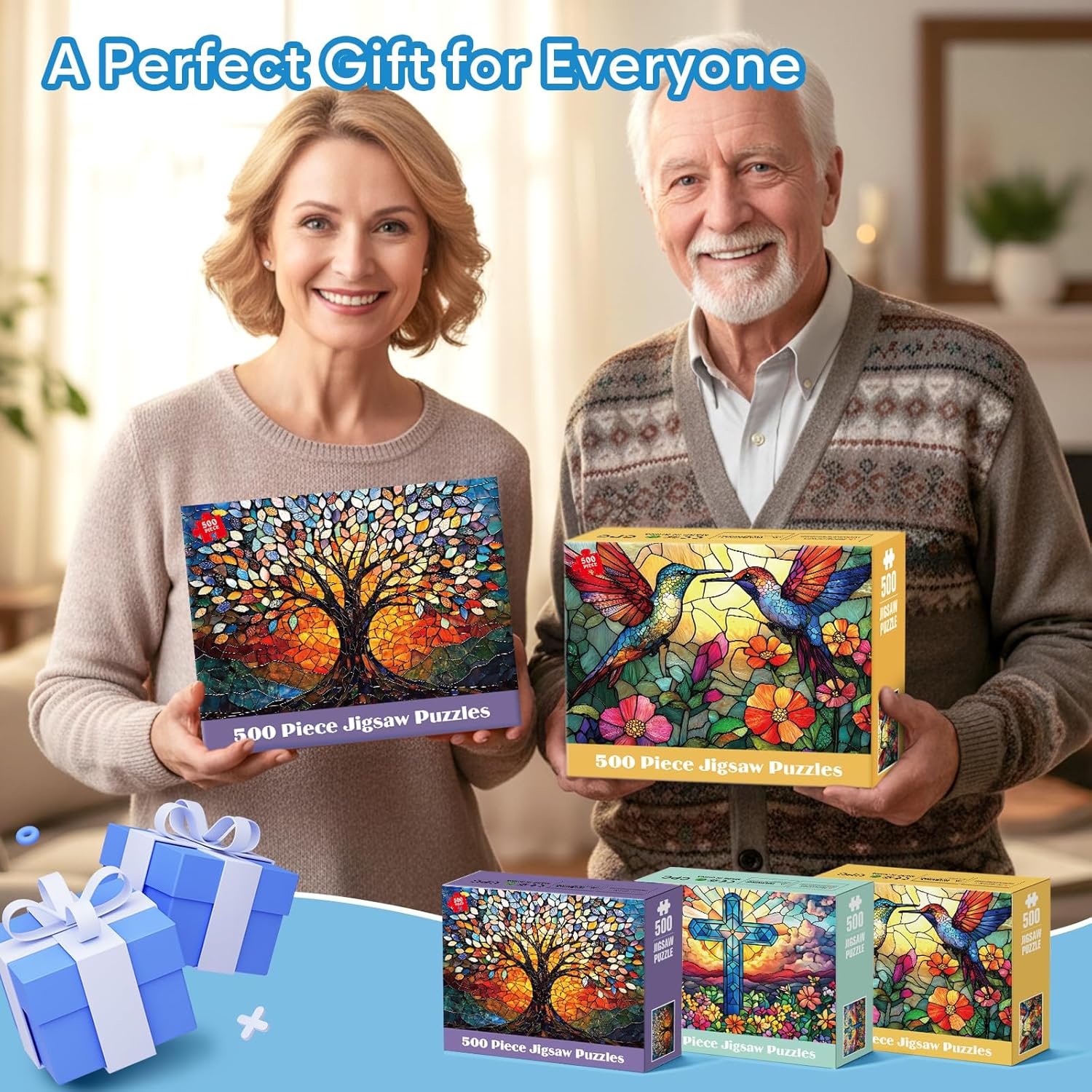3 Pack 500 Piece Puzzle for Adults, Stained GlassTree of Life Puzzles 500 Pieces for Adults, Hummingbird Puzzles for Seniors, Colorful Mosaic Flower Jigsaw Puzzle Game Night Gift 20.5x15 in