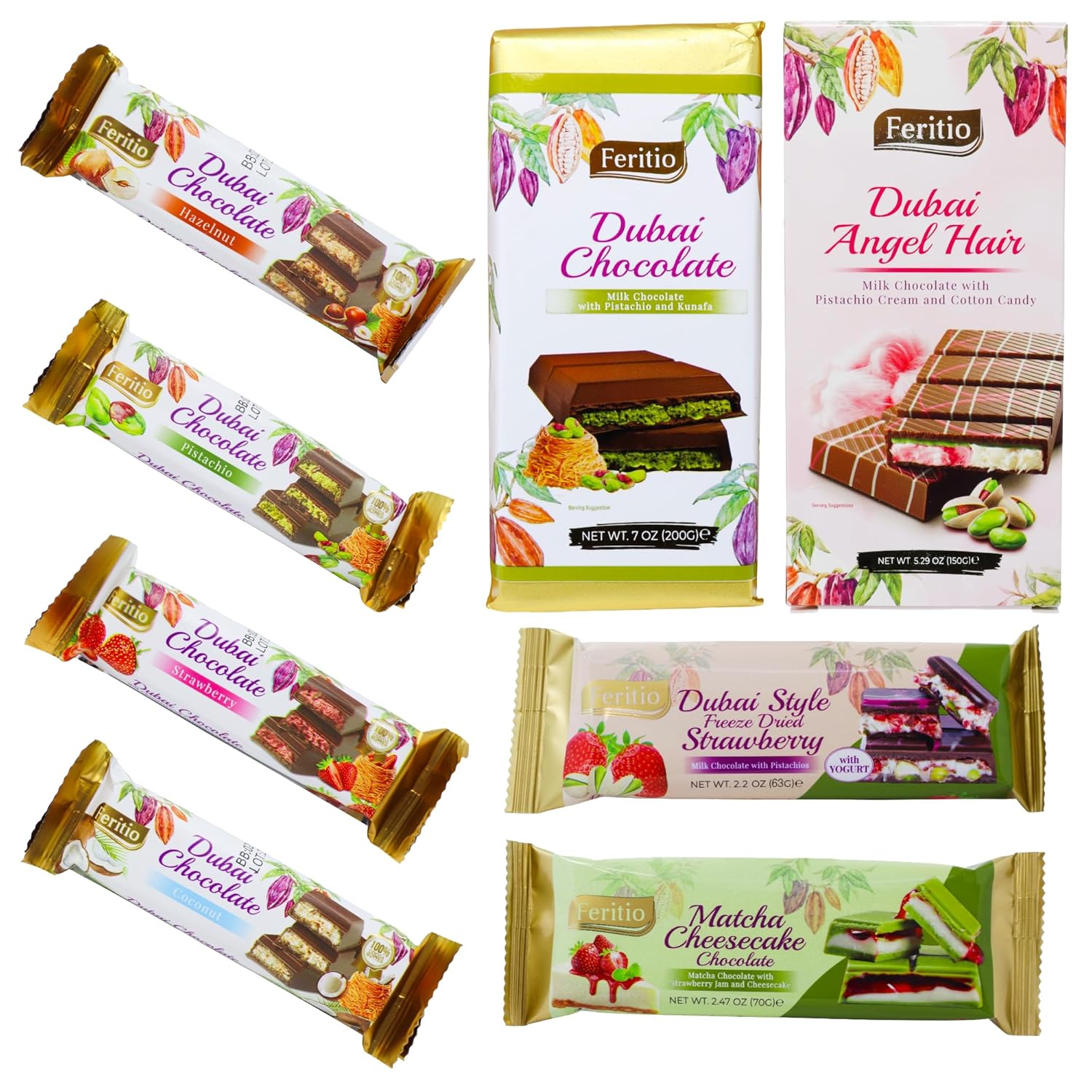 Dubai Chocolate Gift Box – 8 Assorted Flavors – Pistachio, Angel Hair, Coconut, Hazelnut, Strawberry, Matcha Cheesecake & Freeze-Dried Bars – Mixed Chocolate Gift Pack