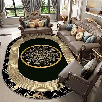Marble Pattern Area Rug, 6x8ft, Personalized Print Design Doormat with Gold Floral Borders and Stripes, Vintage Black Irregular Oval Carpet for Dining Room Kitchen Bedroom Nursery Bedside Coffee