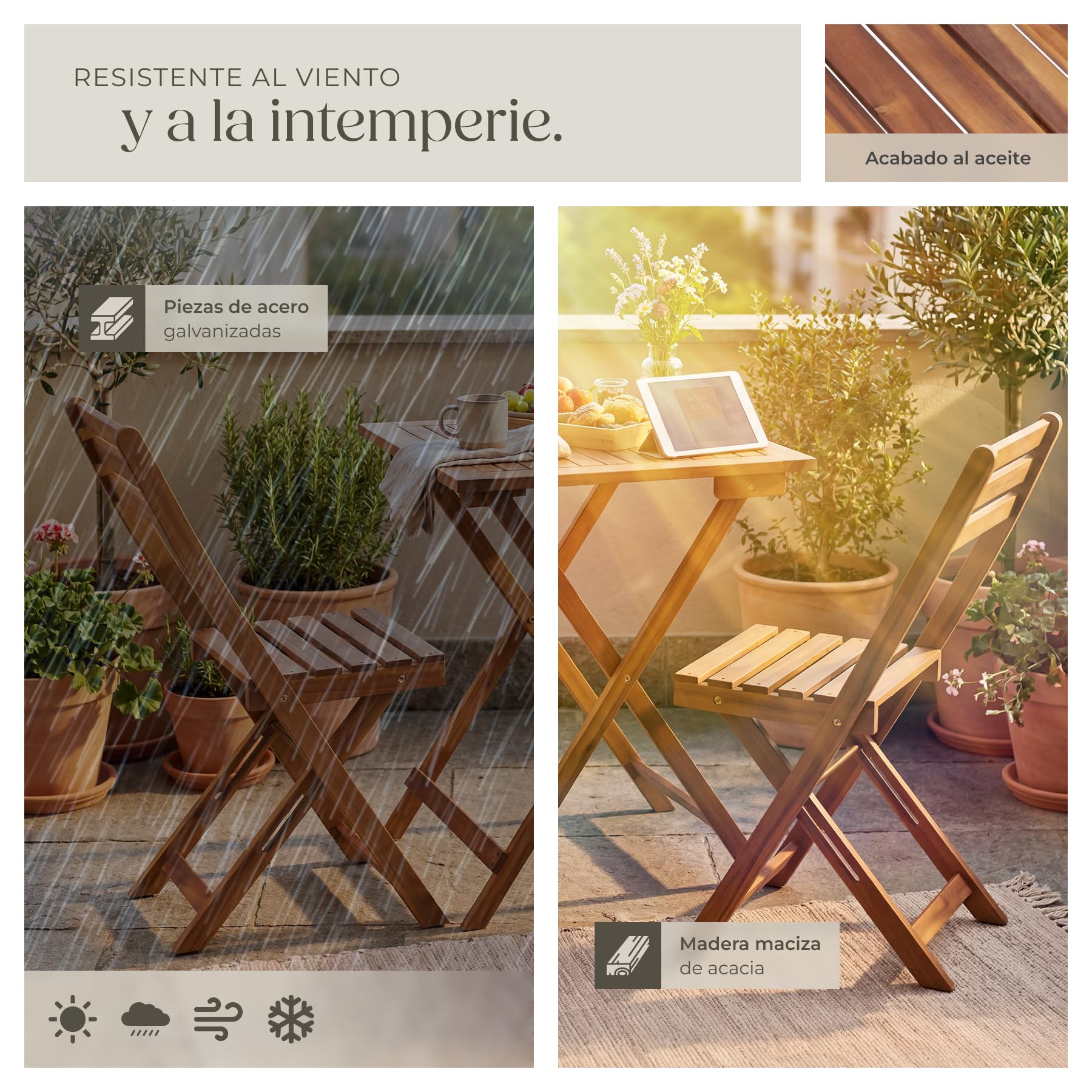 tectake® Set de Bistró de Mesa Plegable y Sillas Jardin para 2 Personas, Conjunto Jardin Exterior, Resistente a la Intemperie, Sillas Plegables, Mesa Terraza Exterior, Muebles, Balcon - Marrón