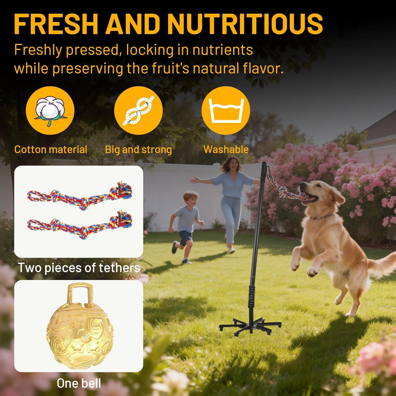 Tether Tug Outdoor Dog Toy,Tether Tug For Large Dogs,Spring Pole For Dogs in Park,Yard,Lawn,2 Rope Toy and Bell Pull Chase and Solo Play,Tether Interactive Dog Tug Toy,For Medium Small Dogs(Black)