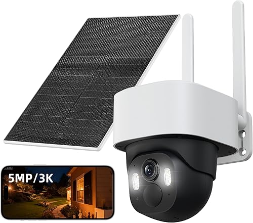 Cámara de seguridad solar inalámbrica de 5 MP para exteriores, cámara PTZ WiFi 3K UHD con visión nocturna a color, seguimiento de movimiento,