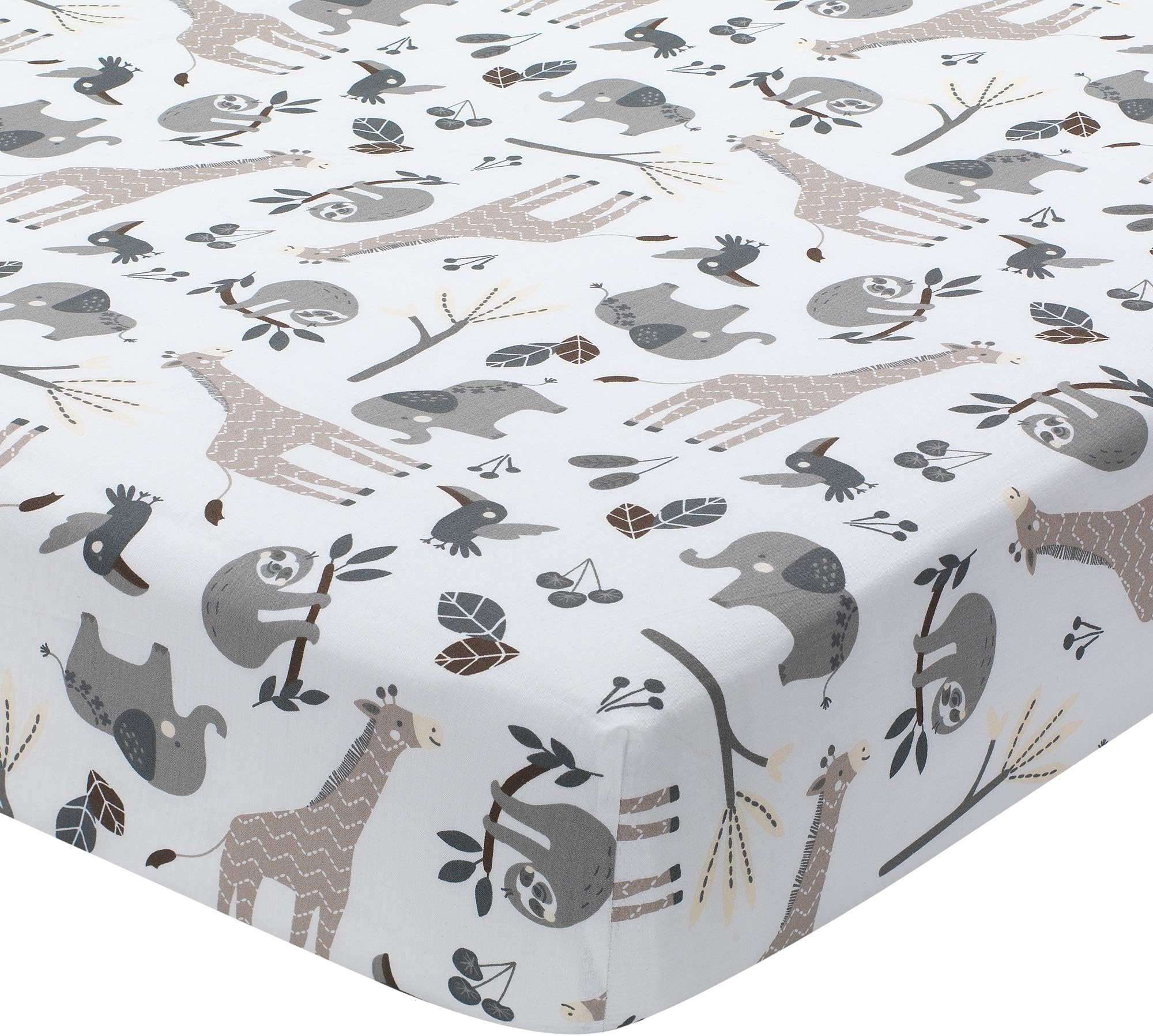Baby Jungle Animals White/Gray/Taupe Cotton Fitted Crib Sheet