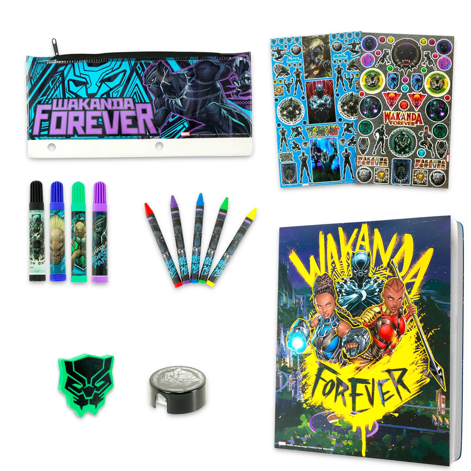 Black Panther - Kit di attività da colorare con pagine da colorare, pennarelli, pastelli, adesivi, altro per bambini e ragazzi, set di cancelleria Black Panther Arts and Crafts