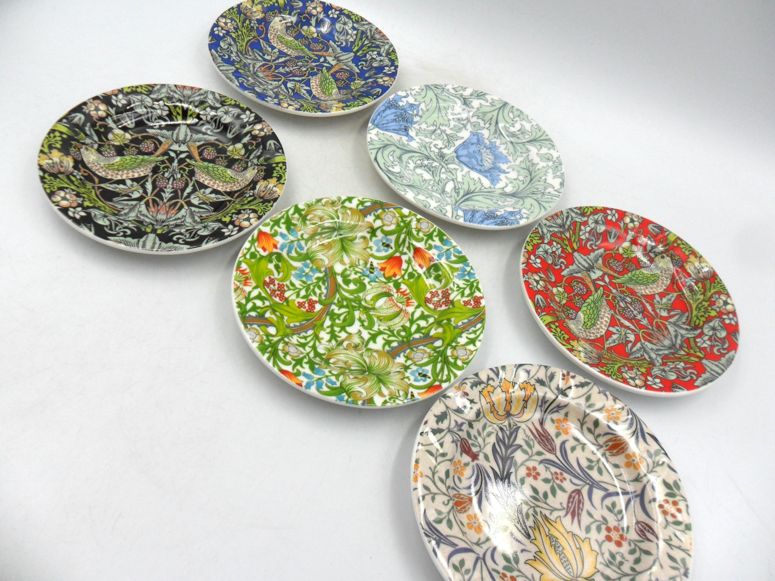 Heron Cross Pottery Multicolor Set Of 6 Assorted William Morris Design China Coasters.