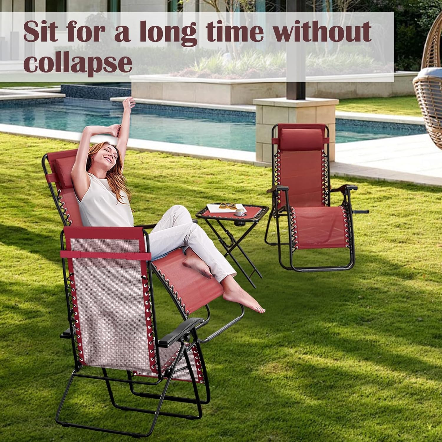 Set of 2 Zero Gravity Reclining Lounge Chairs – Folding Outdoor Chaise Loungers with Cup Holders & Side Tables for Patio, Lawn, Beach, Camping, Balcony, Deck – Adjustable Anti Gravity Chairs, Red