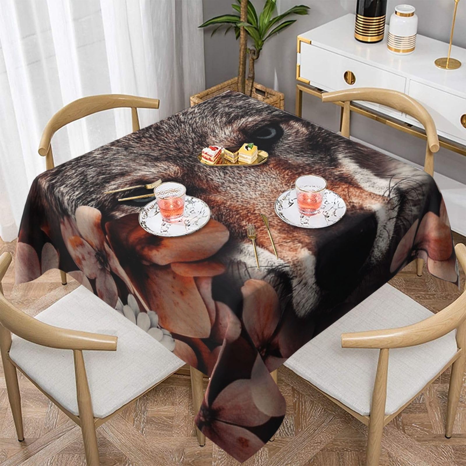 DCEHGEW Wolf and leaves Prints Square Tablecloth 137x137 CM, Waterproof Fabric Table Cloth for Dining Table, Farmhouse Table Cover for Kitchen Dining Tabletop Decoration