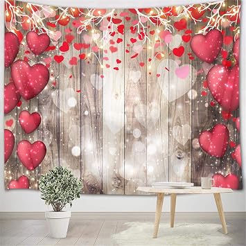 HVEST Happy Valentines Day Tapestry Red Love Heart Shape Balloons on Vintage Wood Planks Tapestries for Bedroom Living Room Dorm Holiday Party Lover Room Indie Decor Poster,60x40 Inches