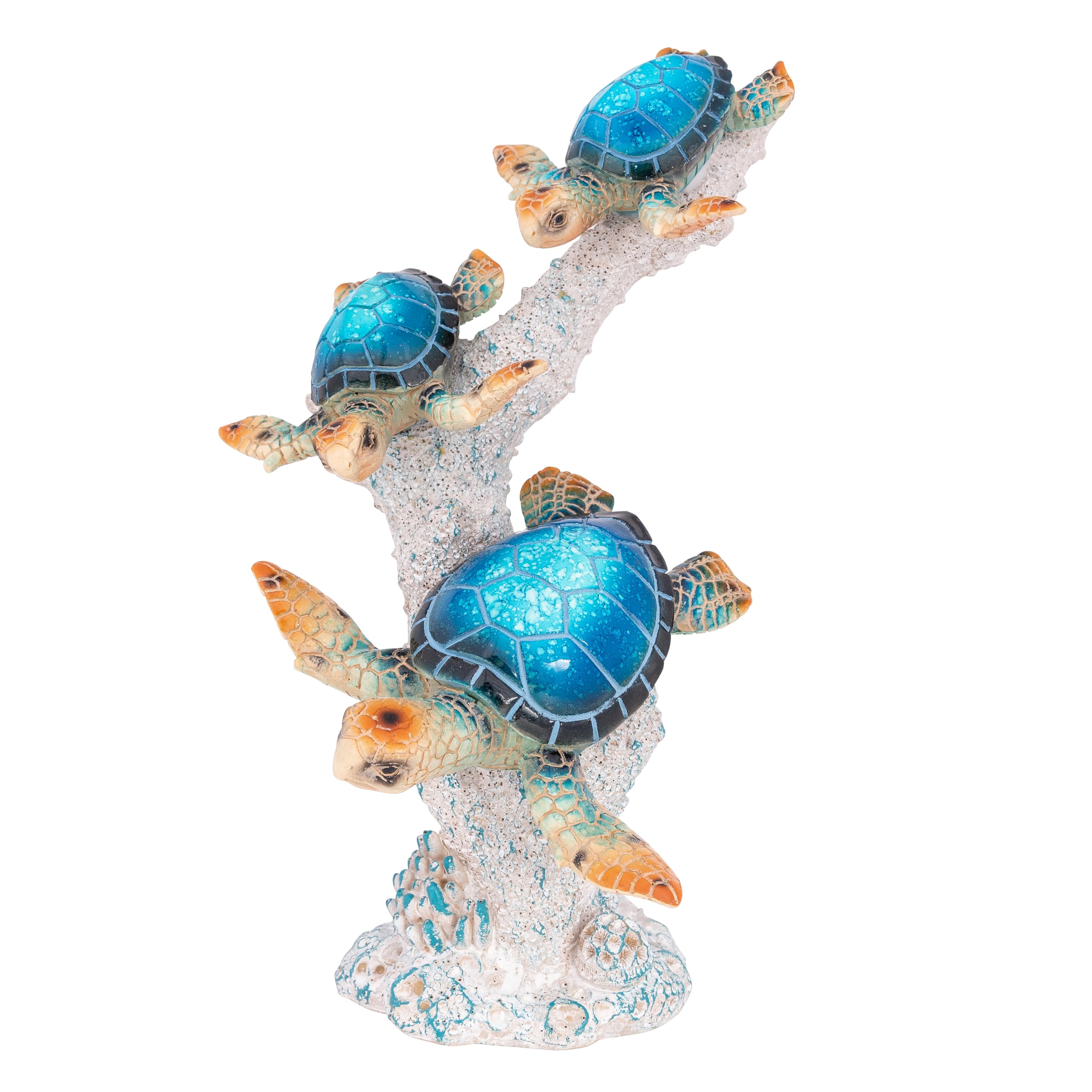 Sea Turtle Statue Triple Turtles Swimming on a Coral Reef Base Sea Coral Home Decor Tabletop Collection (Blue)
