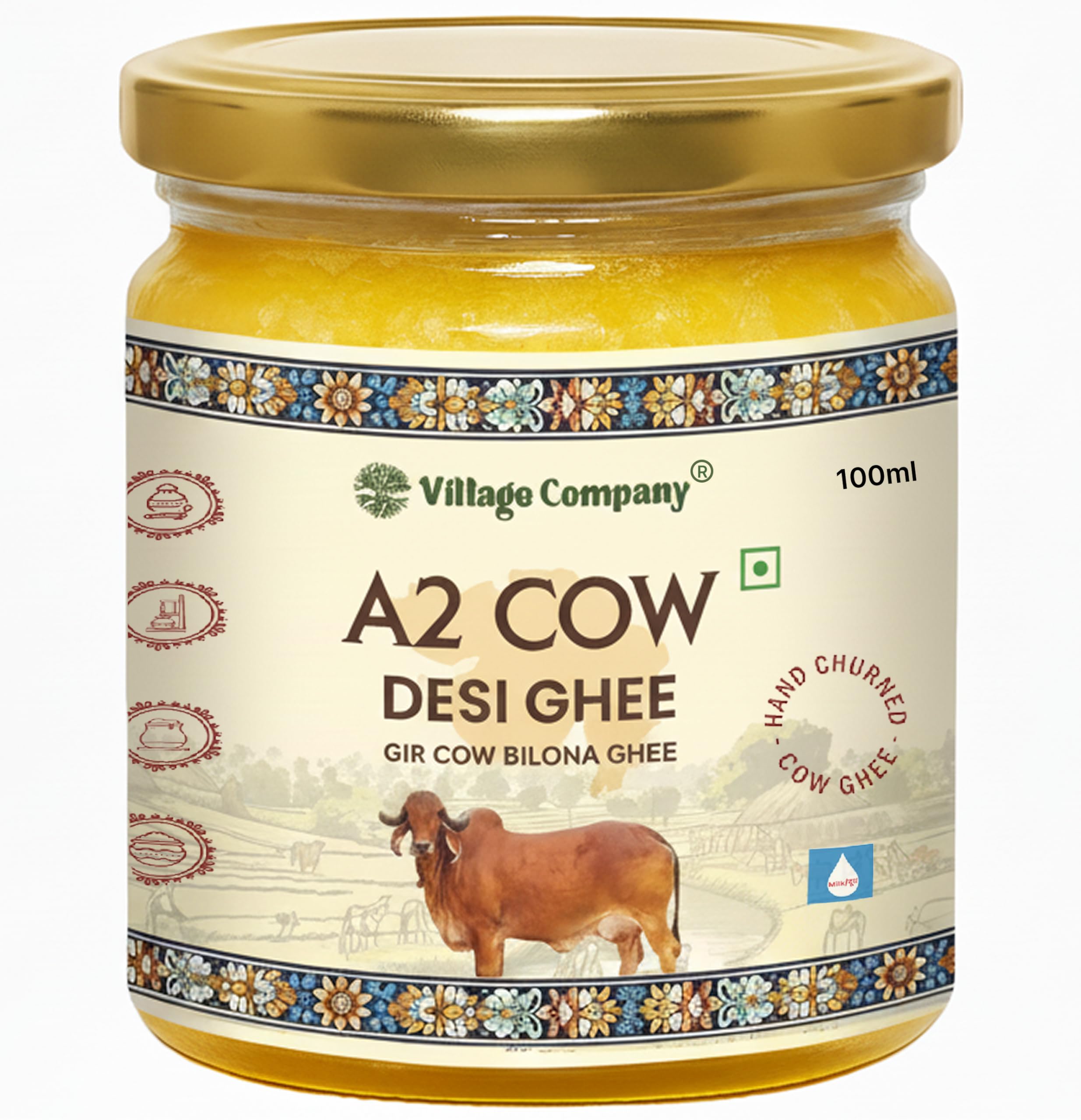 Village Company A2 Cow Desi Ghee | Gir Bilona Ghee | Curd Churned | Vedic Bilona Method | Lab Tested | Grass Fed (100 ML, A2 Gir Cow Desi Ghee)