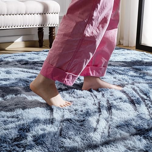 Miniatura 6 de Softlife Alfombra de área para sala de estar, alfombra mullida de felpa de 6 x 9 pies para dormitorio, alfombra peluda negra de teñido anudado para