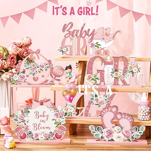 Miniatura 3 de 6 piezas de mesa floral para baby shower, centros de mesa de madera para bebé en flor con letras rosadas, revelación de género para niña,