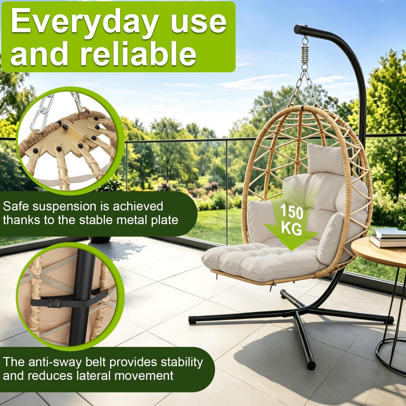 Hängesessel mit Gestell, Hängestuhl mit Fußstütze, Dicke Kissen, Höhenverstellbar, Hängekorb Sessel Outdoor Indoor, Ergonomisch, Hängeschaukel, Egg Chair für Garten Balkon Terrasse bis 150kg-Grau