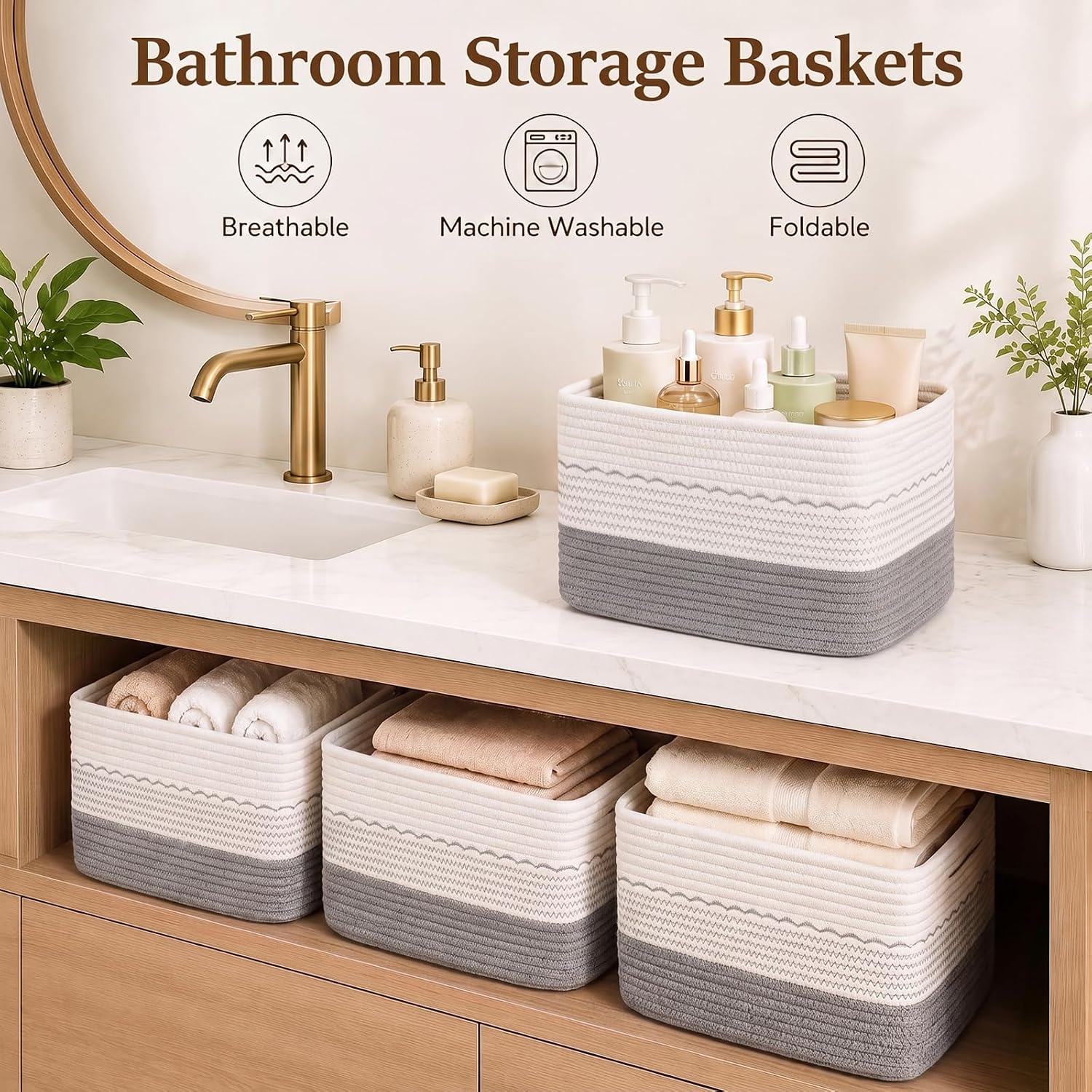 OIASKET 4 Pack Storage Baskets for Organizing, 13"X9"X7.87", Decorative Cotton Rope Baskets for Shelves, Small Woven Basket for Toys, Books and Towels, Grey & White image 5