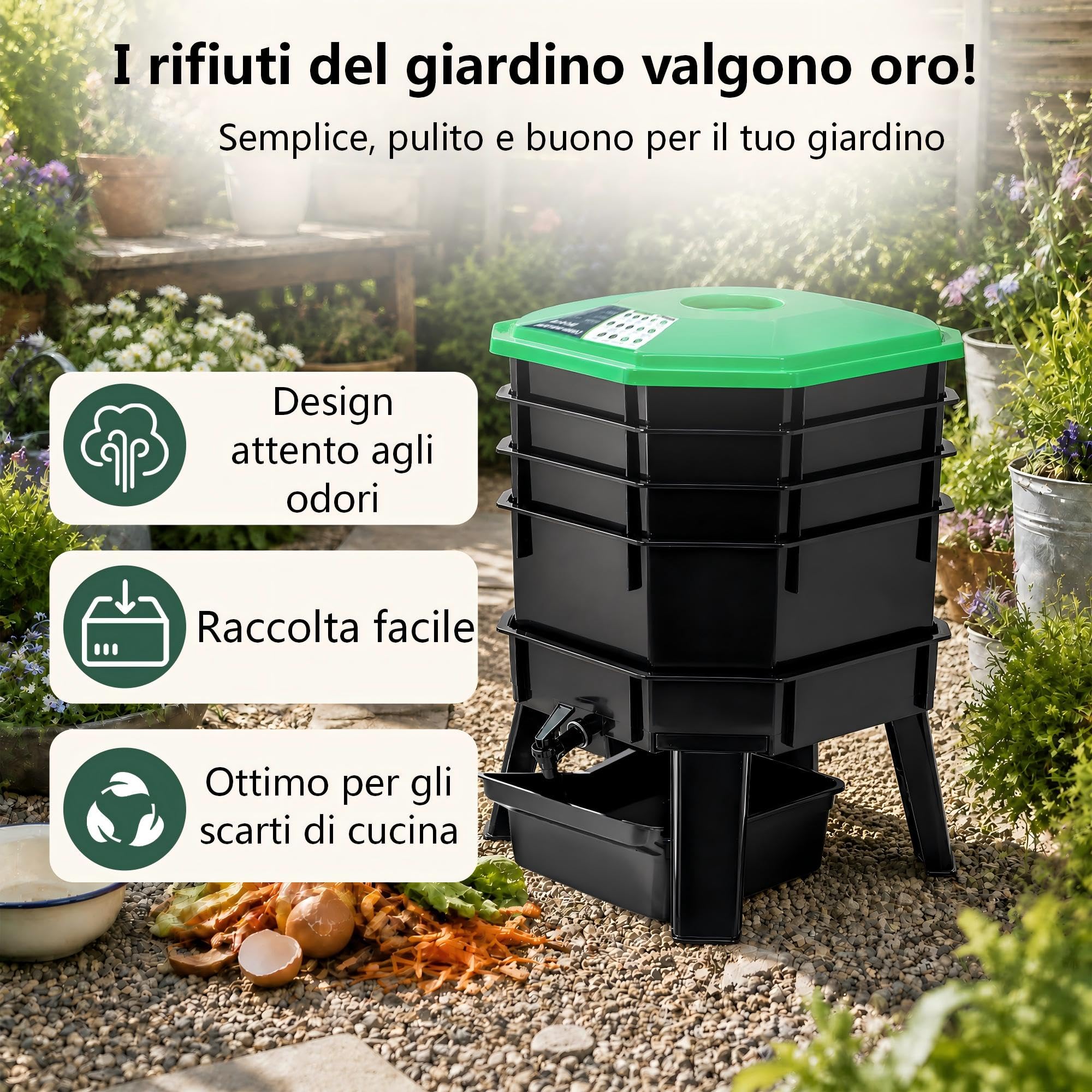60L Vermicompostiera 5 Livelli Torre Lombrichi Letto Rialzato Kit Compost