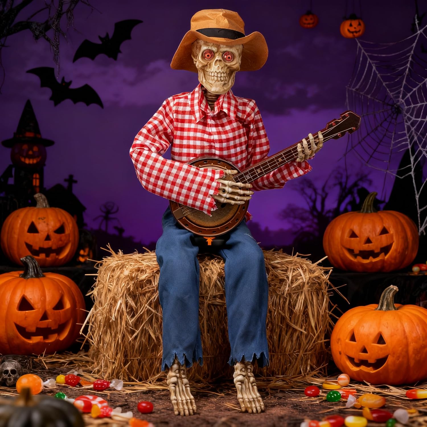 39" Halloween Fall Banjo Playing Skeletons - Animated Scarecrow Thanksgiving Decorations Autumn Harvest Day Gifts Halloween Fall Prop Decor for Indoor/Outdoor Banjo Skeleton