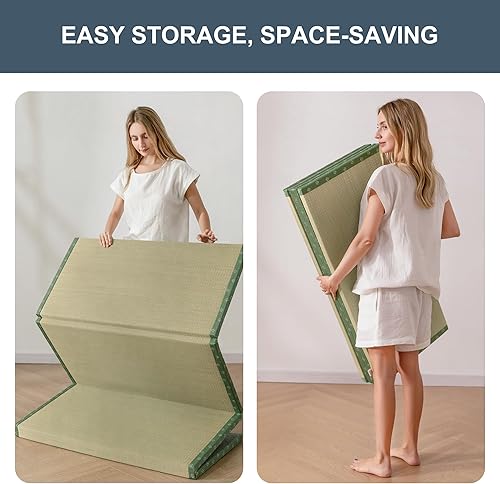 Miniatura 4 de MAXYOYO Tapete de tatami japonés 100% de hierba rush, portátil, plegable, colchón de futón, cama de suelo tradicional firme de 79 x 39 x 0.47