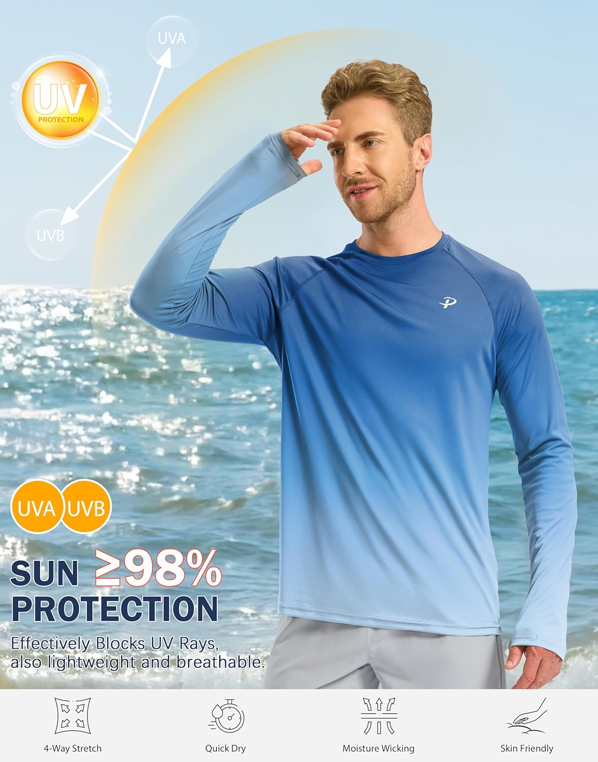 Pudolla Men's Sun Protection Shirts UV SPF UPF 50+ Rash Guard Long Sleeve Lightweight Quick Dry Brethable Swimming Fishing - Image 3