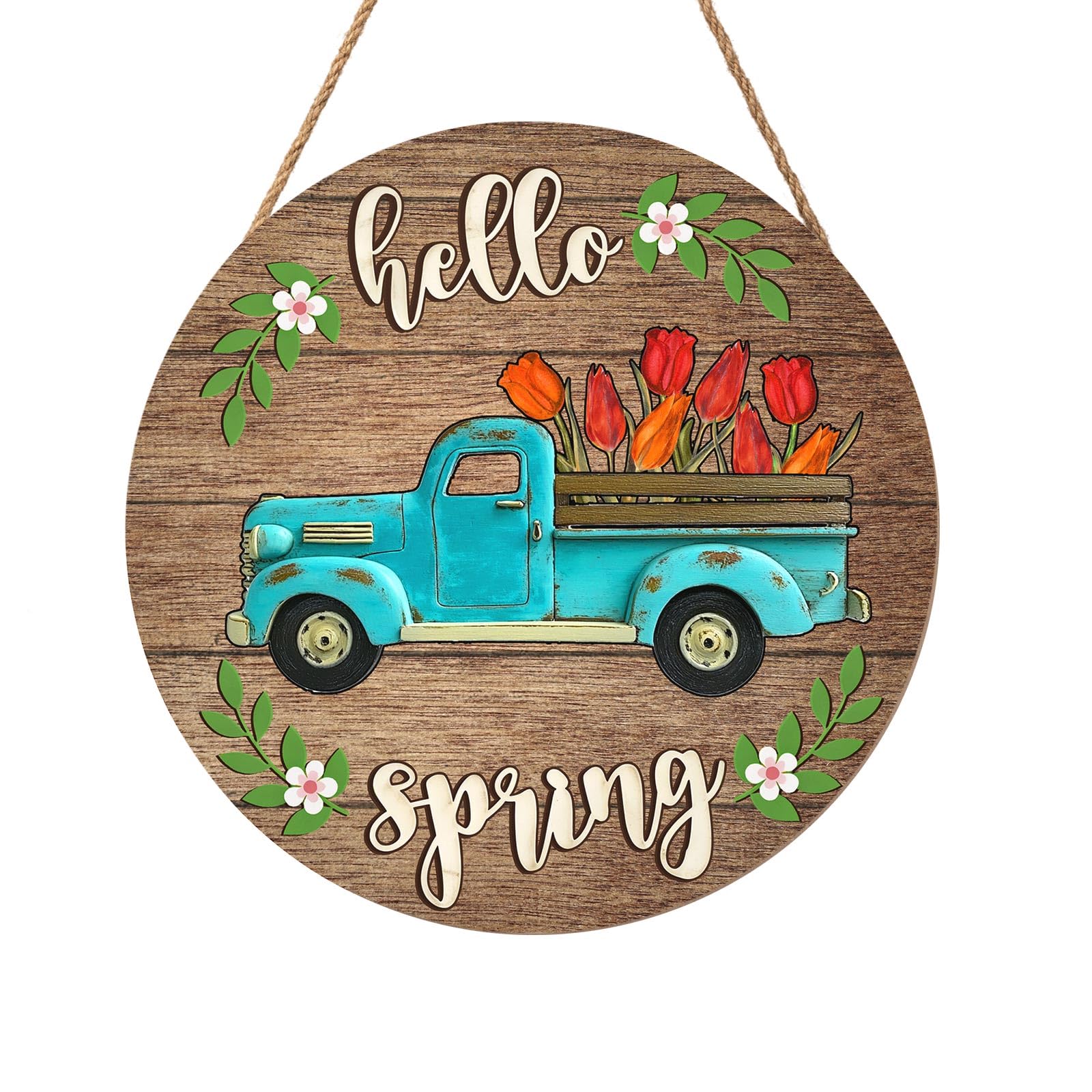 Harooni Hello Spring Blue Truck Welcome Sign for Front Door Spring Summer Wreaths for Front Door Tulip Flowers Pickup Wood Wreath Rustic Farmhouse Door Hanging Sign for Indoor Outdoor Decor 12 Inch