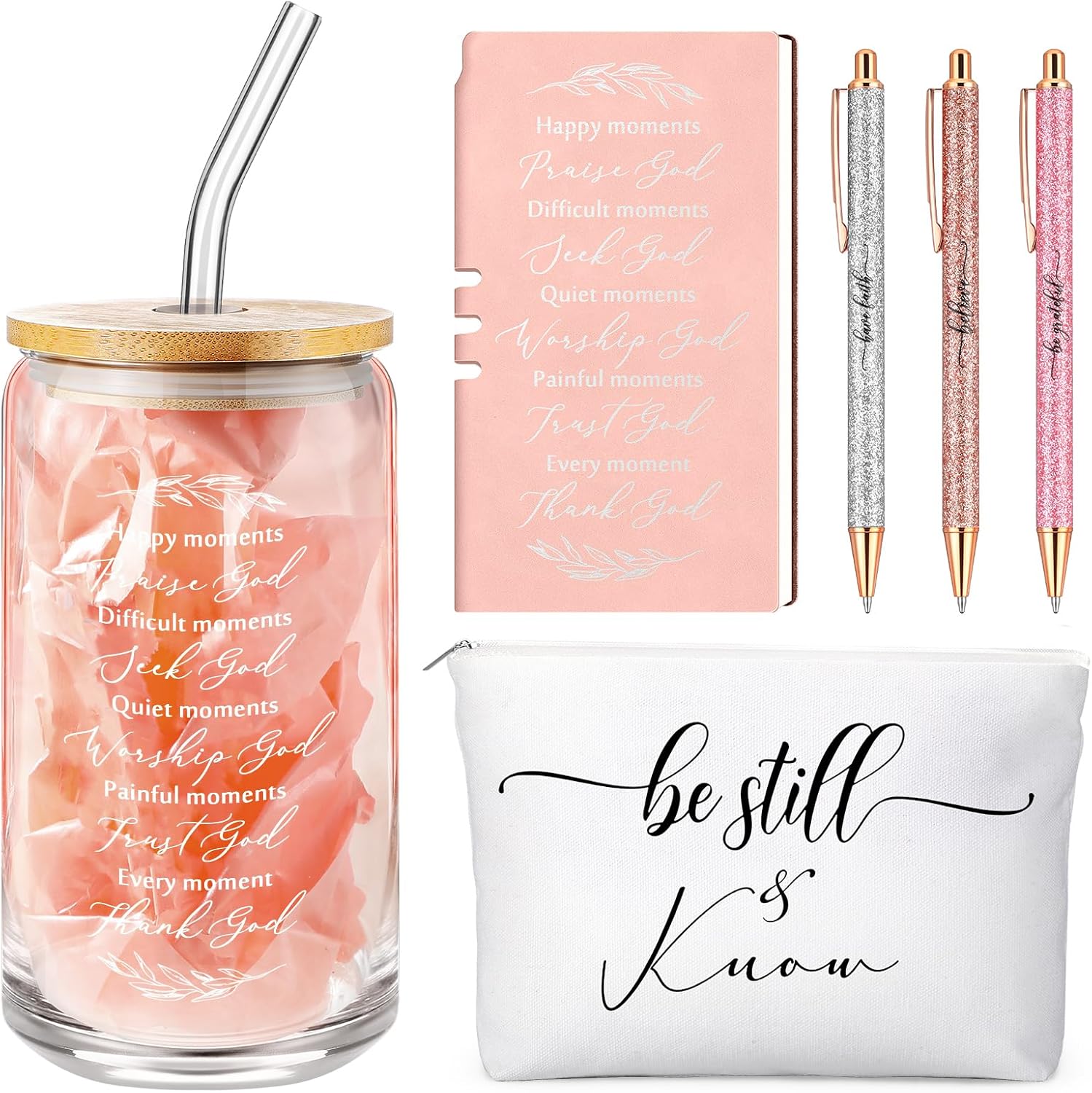 Spakon 6 Pcs Christian Gifts for Women Bible Verse A6 Leather Journal Notebook 16 oz Glass Cup Glitter Ballpoint Pen Makeup Bag Inspirational Gifts for Church Valentines(Rose Gold)