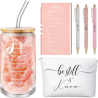 Spakon 6 Pcs Christian Gifts for Women Bible Verse A6 Leather Journal Notebook 16 oz Glass Cup Glitter Ballpoint Pen Makeup Bag Inspirational Gifts for Church Christmas(Rose Gold)