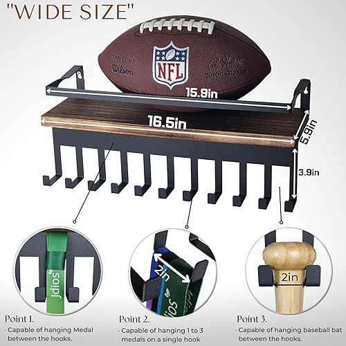 Miniatura 3 de Exhibidor de medallas y estante de trofeos de 16.5 pulgadas con ganchos de 2.1 pulgadas de ancho, soporte resistente con capacidad para más de 43