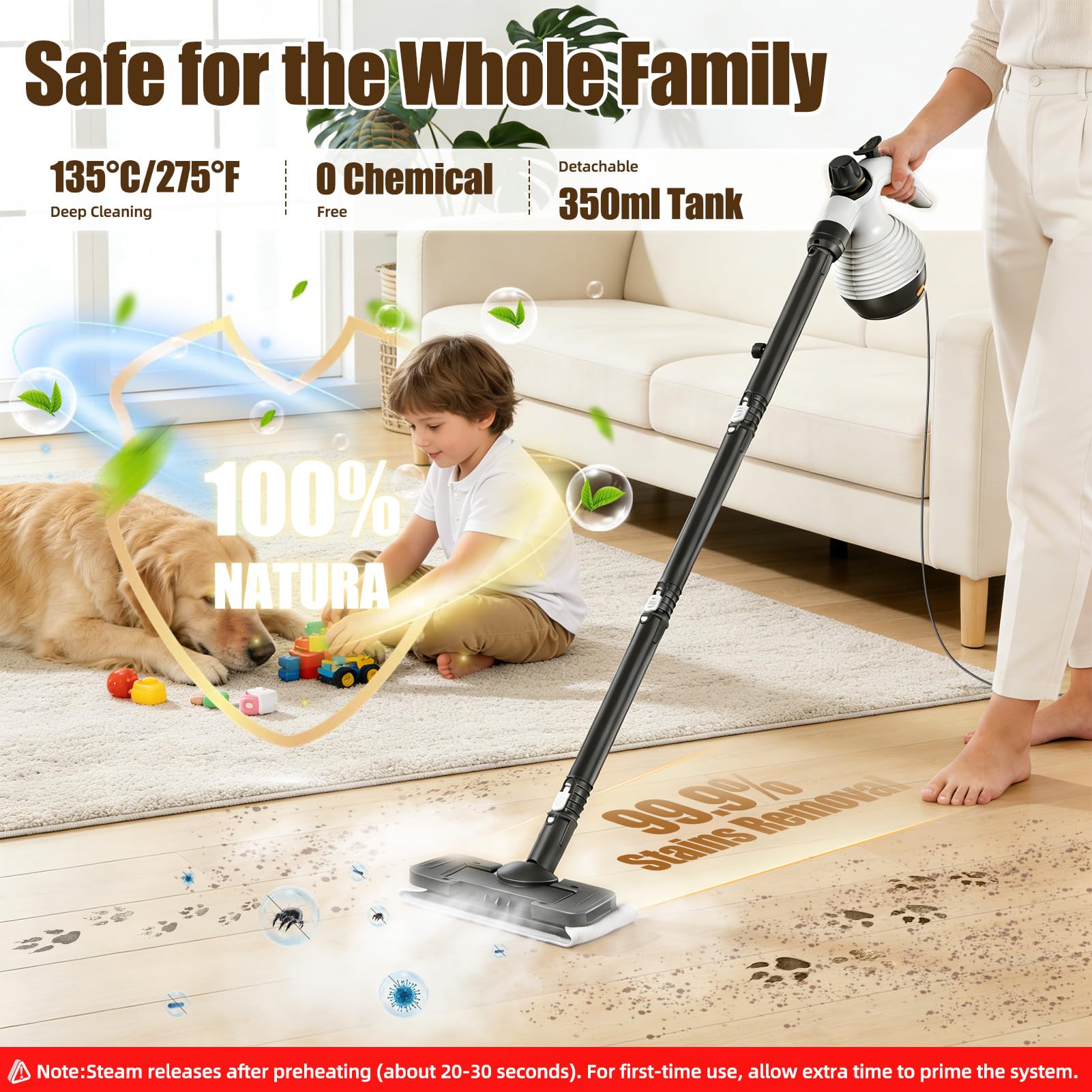 2 in 1 Pulitore a Vapore Portatile/Scopa a Vapore, 1050W Steam Cleaner 135°C Riscaldamento Rapido con 350ml Serbatoio, per Varie Superfici Come Piastrelle Divani e Cucine