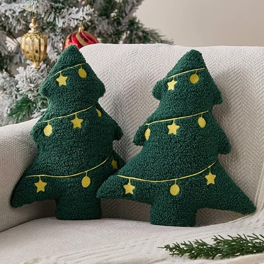 Allorry Christmas Pillows Set of 2 Green Christmas Tree Lanterns Shaped Soft Plush Christmas Decor Pillow for Party Xmas Winter Holiday Home Sofa Cushion Cases WL-006I