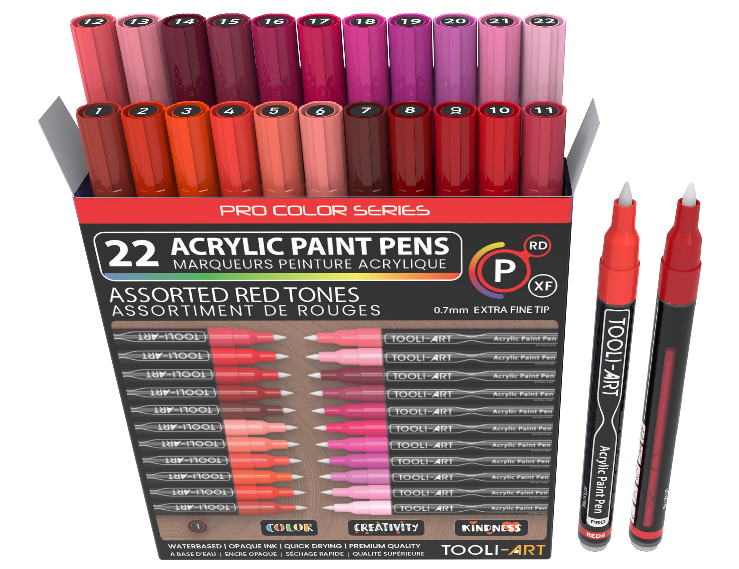 Acrylic Paint Pens 22 Red & Pink Tones Assorted Pro Color Series Markers Set 0.7mm Extra Fine Tip for Rock Painting, Glass, Mugs, Wood, Metal, Canvas, Projects, Non Toxic, Waterbased, Quick Drying