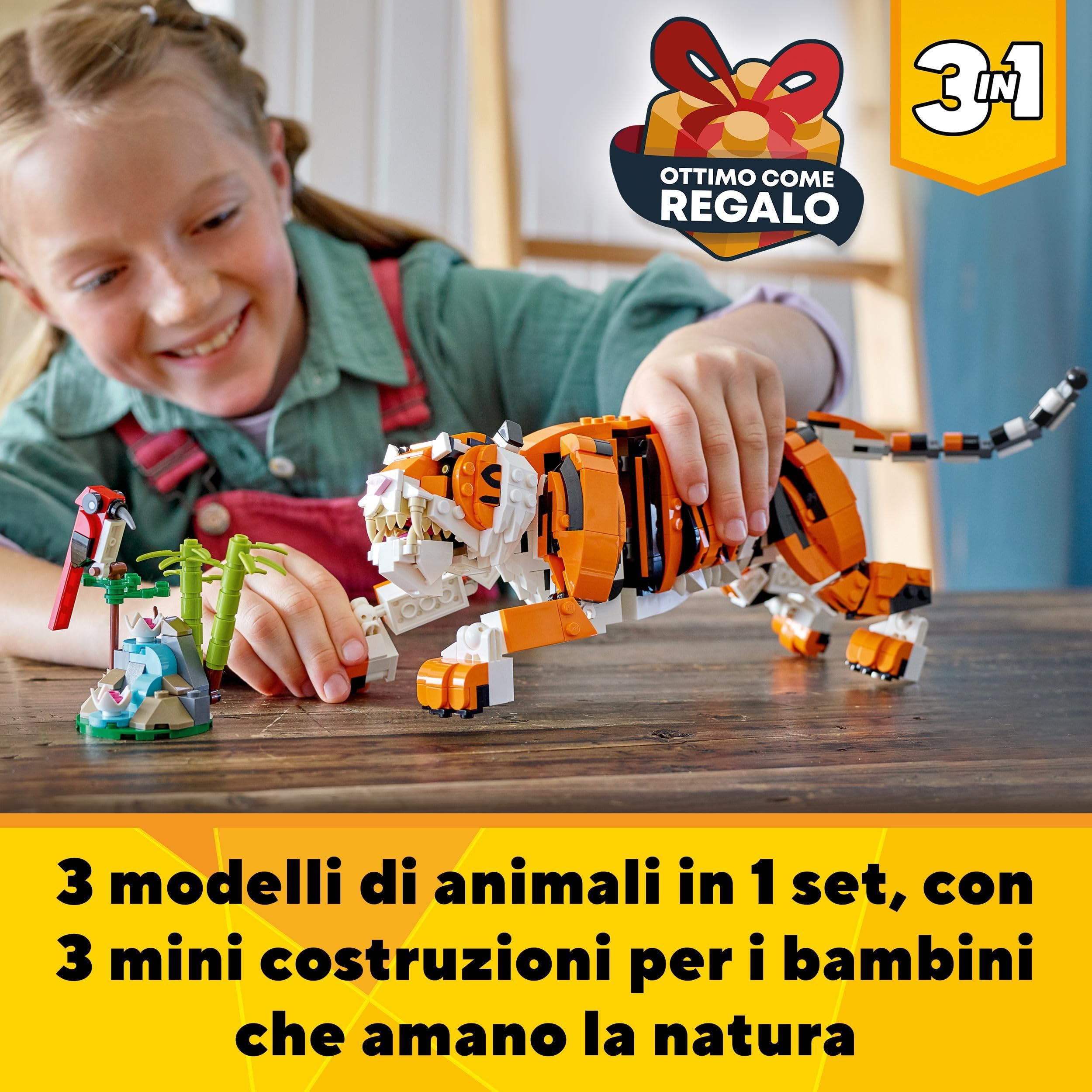 LEGO Creator 3 in 1 Tigre Maestosa, Si Trasforma in Panda o Pesce Koi, Set da Collezione con Figure di Animali Giocattolo, Giochi Creativi per Bambini, Bambine, Ragazzi e Ragazze, Idea Regalo 31129