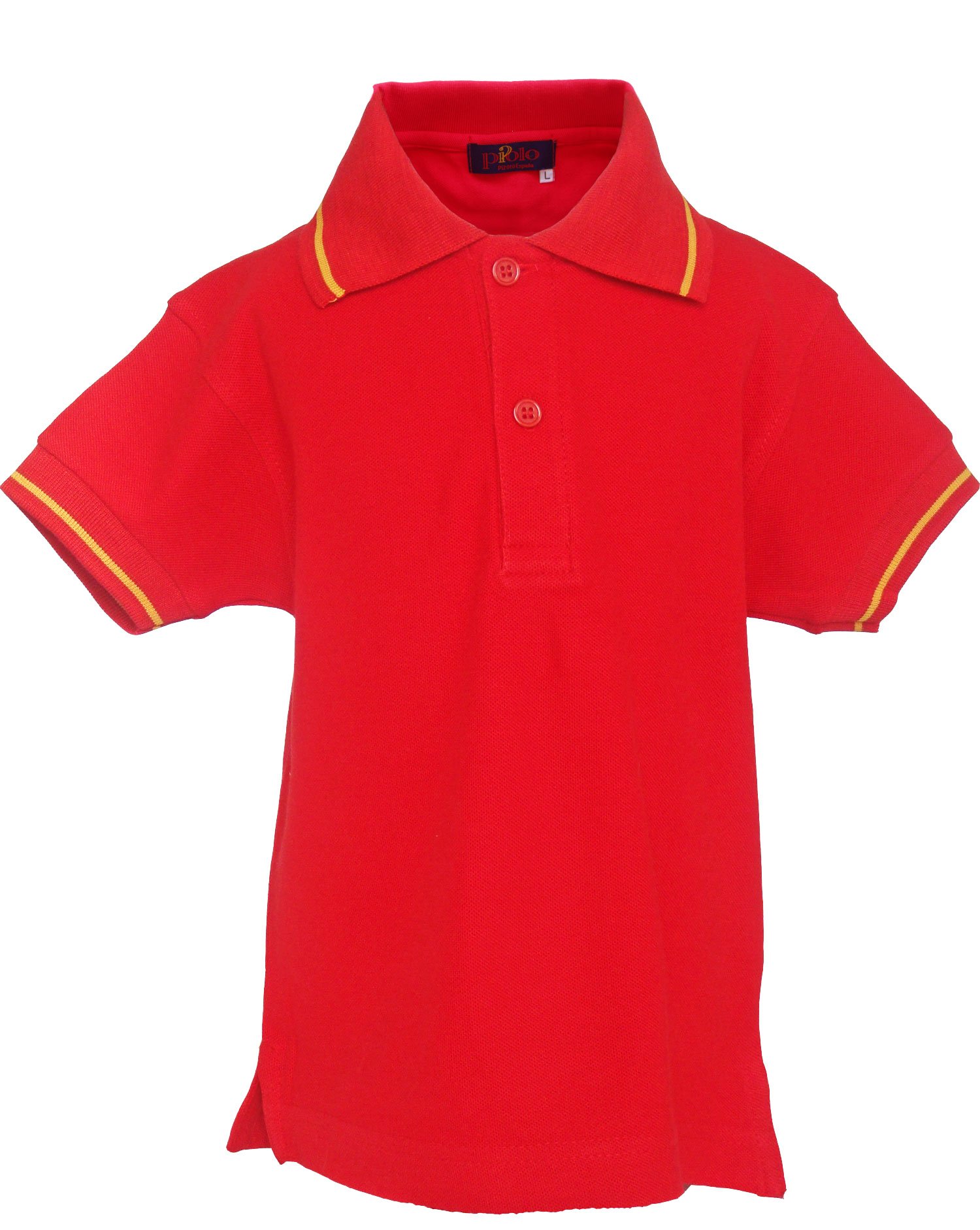 Pi2010 Polo niño con Bandera de España en Cuello y Mangas, Rojo, 100% algodón