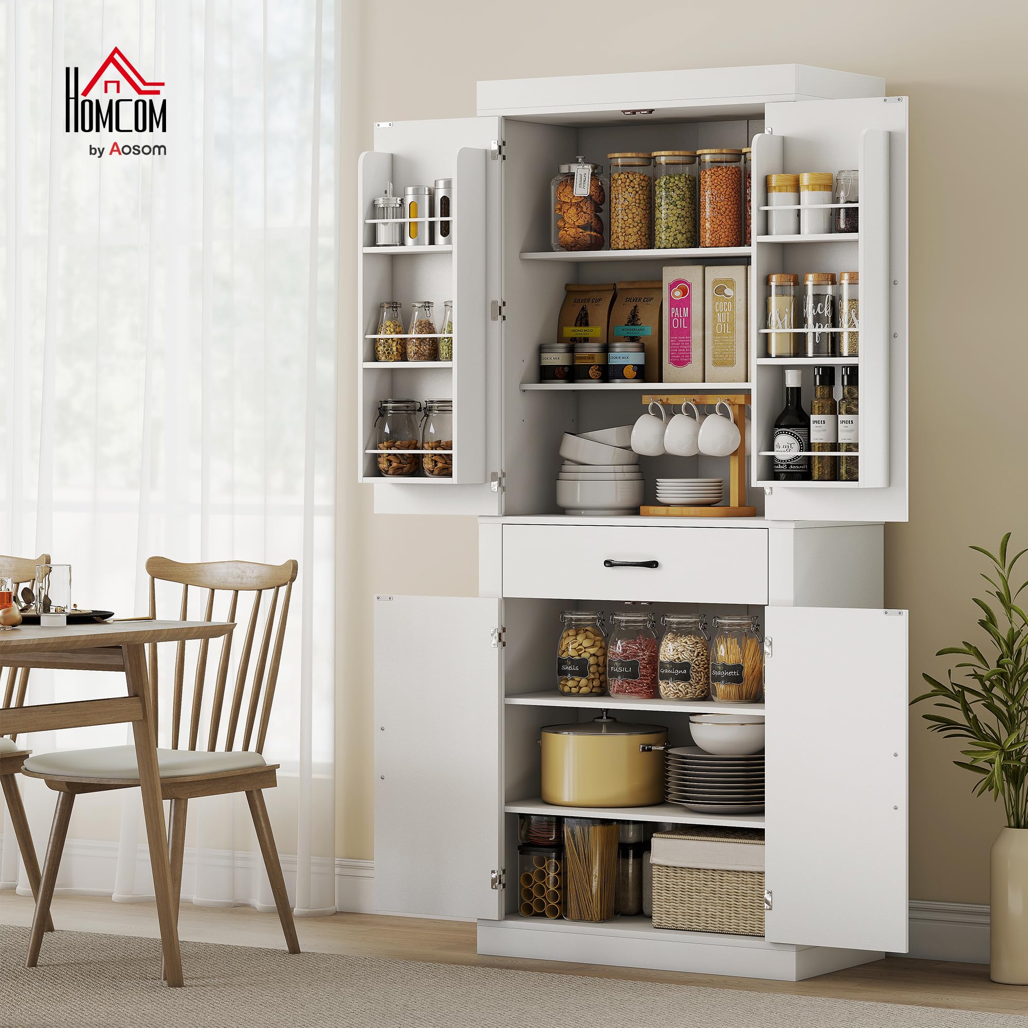 HOMCOM Credenza Cucina Alta 183.5 cm con 6 Portaspezie sulla Porta Bianco | 4 Ante a Fienile e Cassetto, Mobile Dispensa Rustico, Ripiani Regolabili, per Sala da Pranzo, Soggiorno